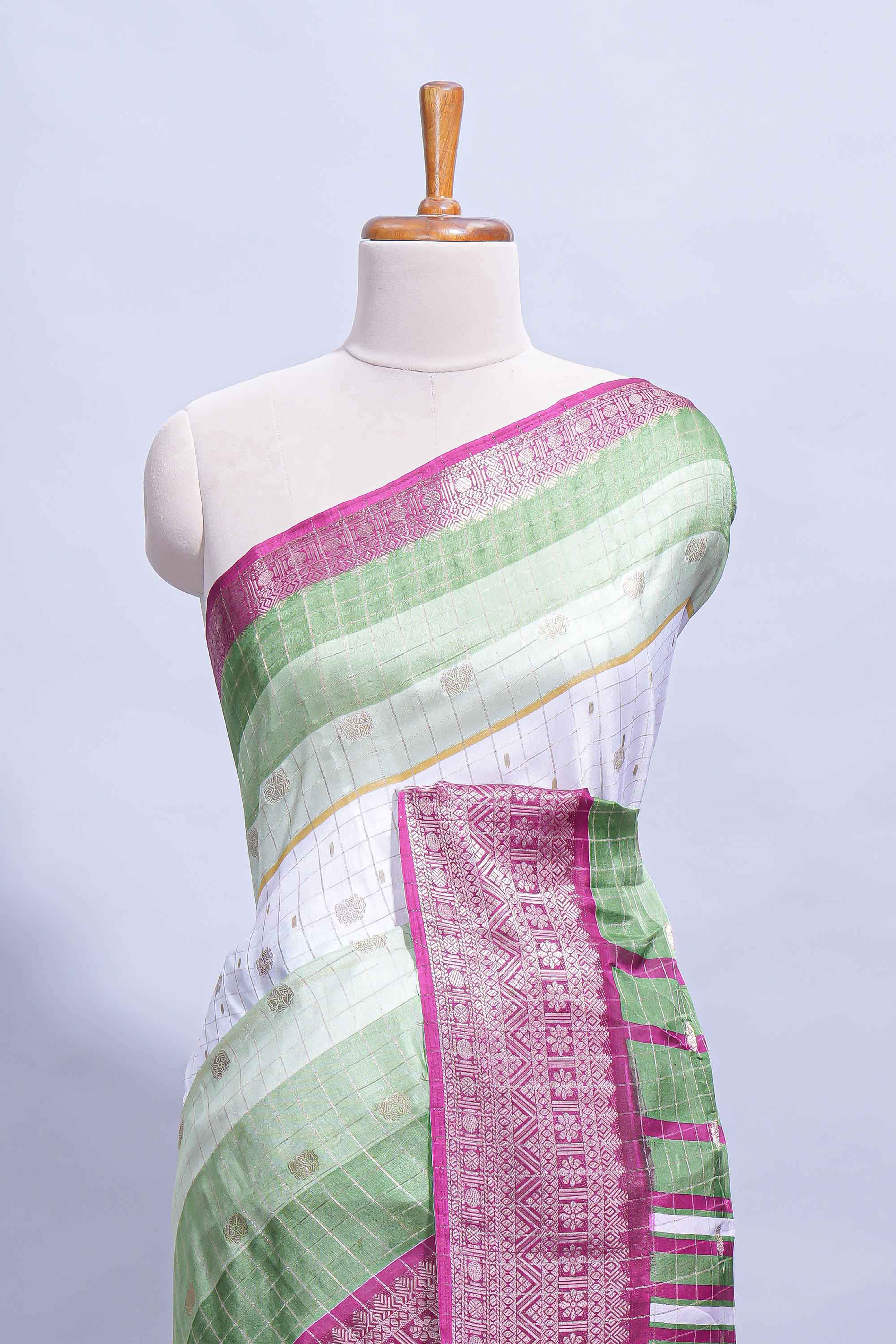 White and green Dola Silk Saree with rich zari border woven butis and a designer pallu along with contrast blouse - Image 3