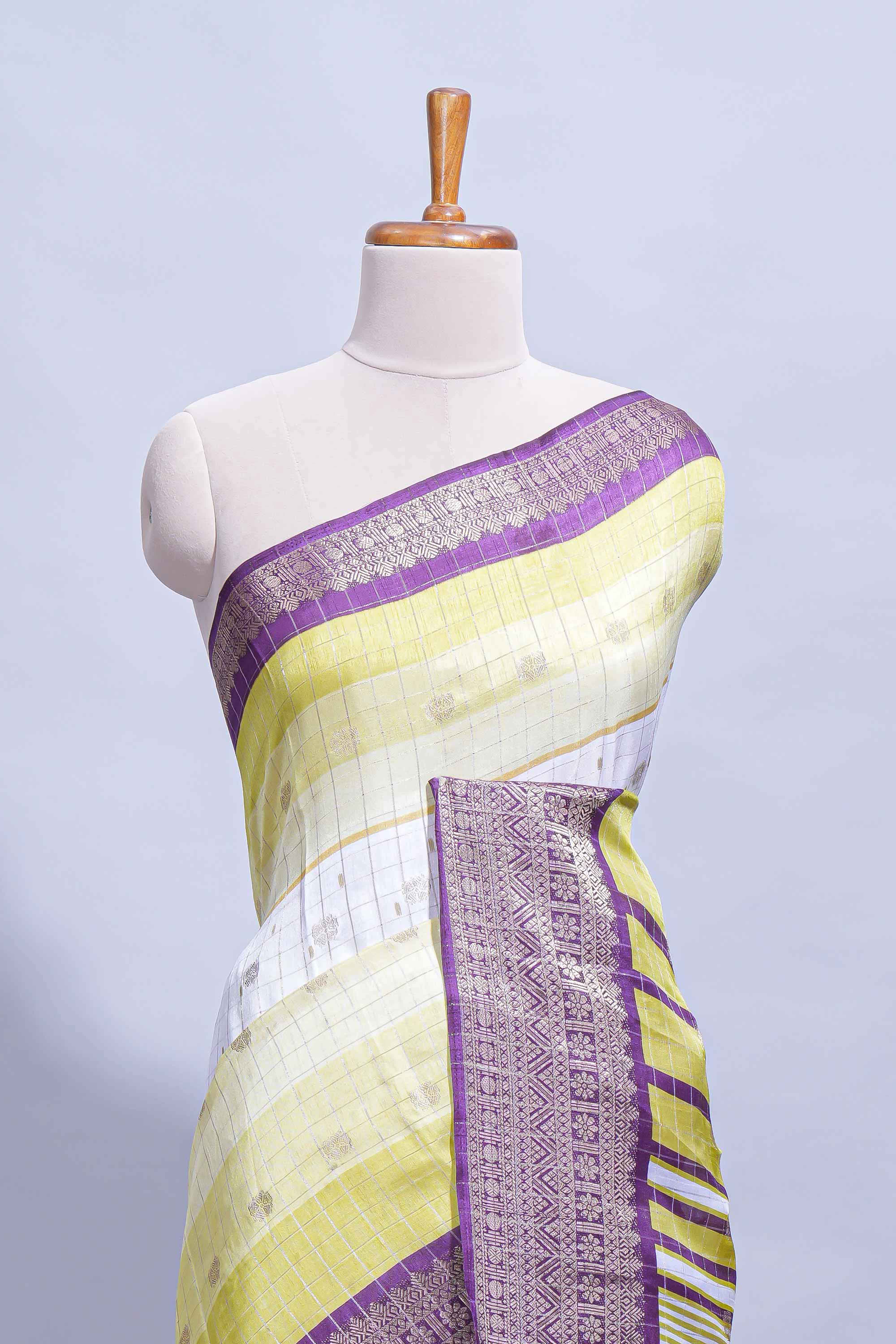 White and yellow Dola Silk Saree with rich zari border woven butis and a designer pallu along with contrast blouse - Image 3