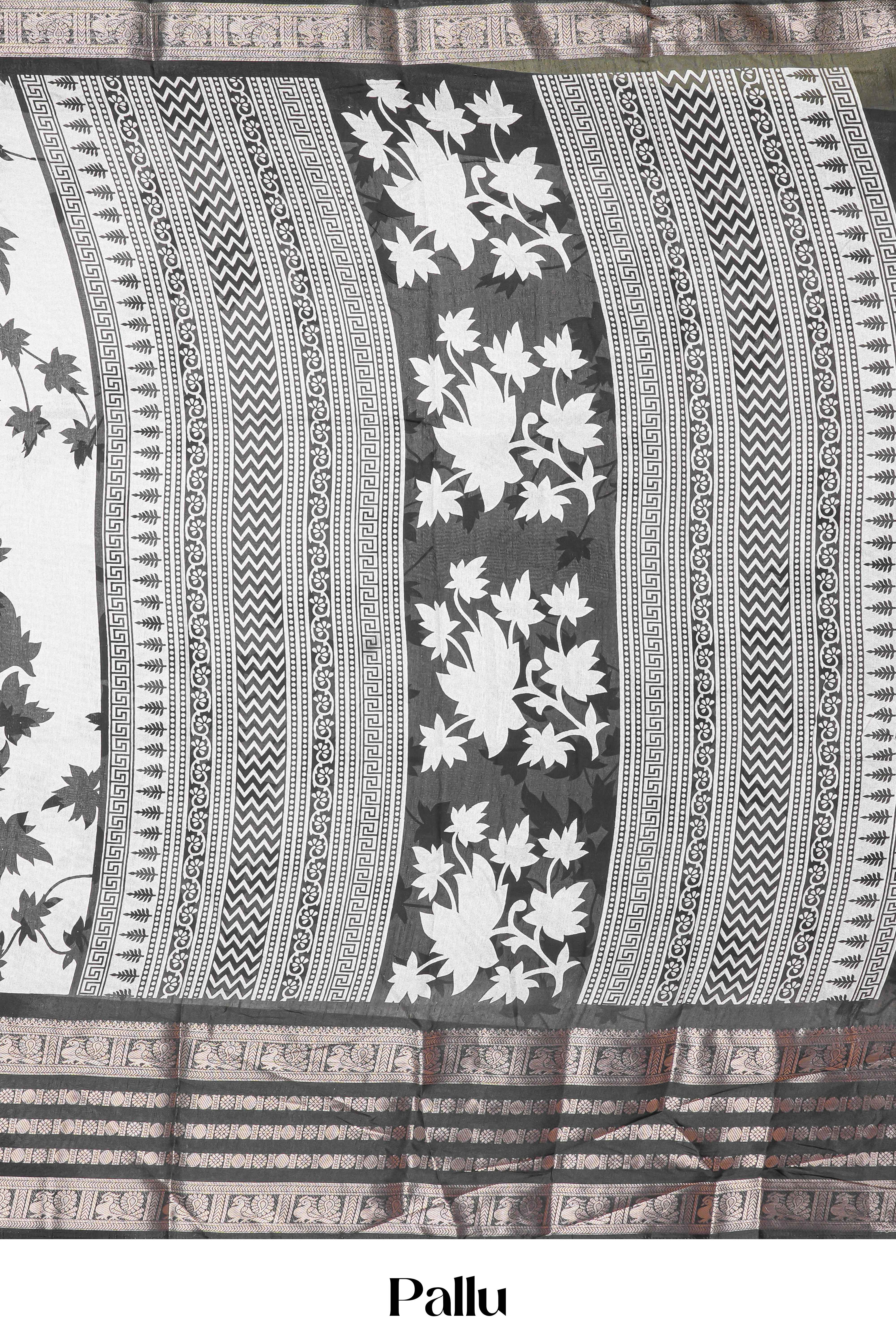 White Dola Silk Saree Leaf Motifs Across The Body With Golden Zari Border - Image 5