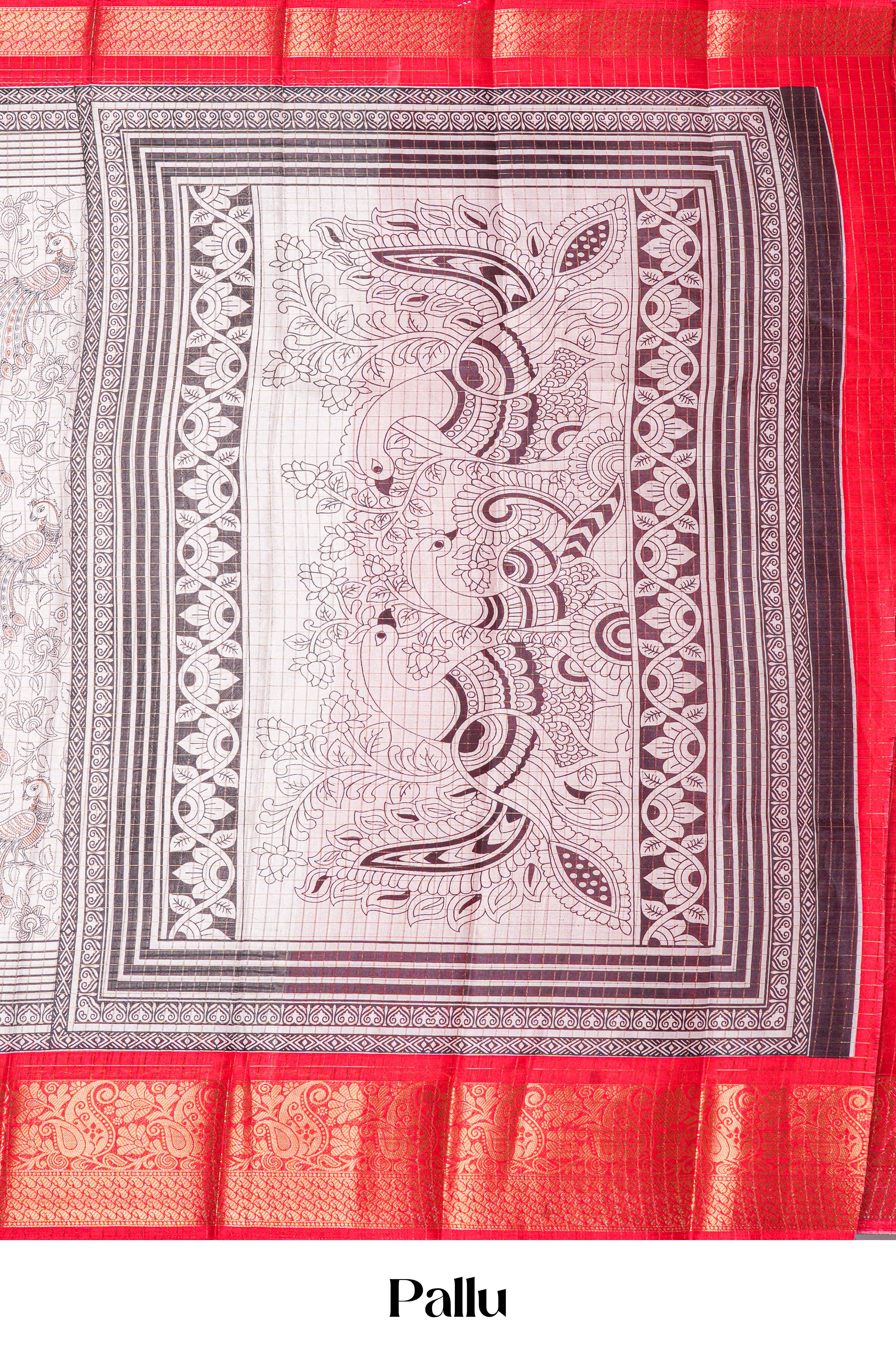 White Dola Silk Saree Pen Kalamkari Print Across The Body With Contrast Floral Zari Weaving Border Along With Zari Stripes Blouse - Image 5