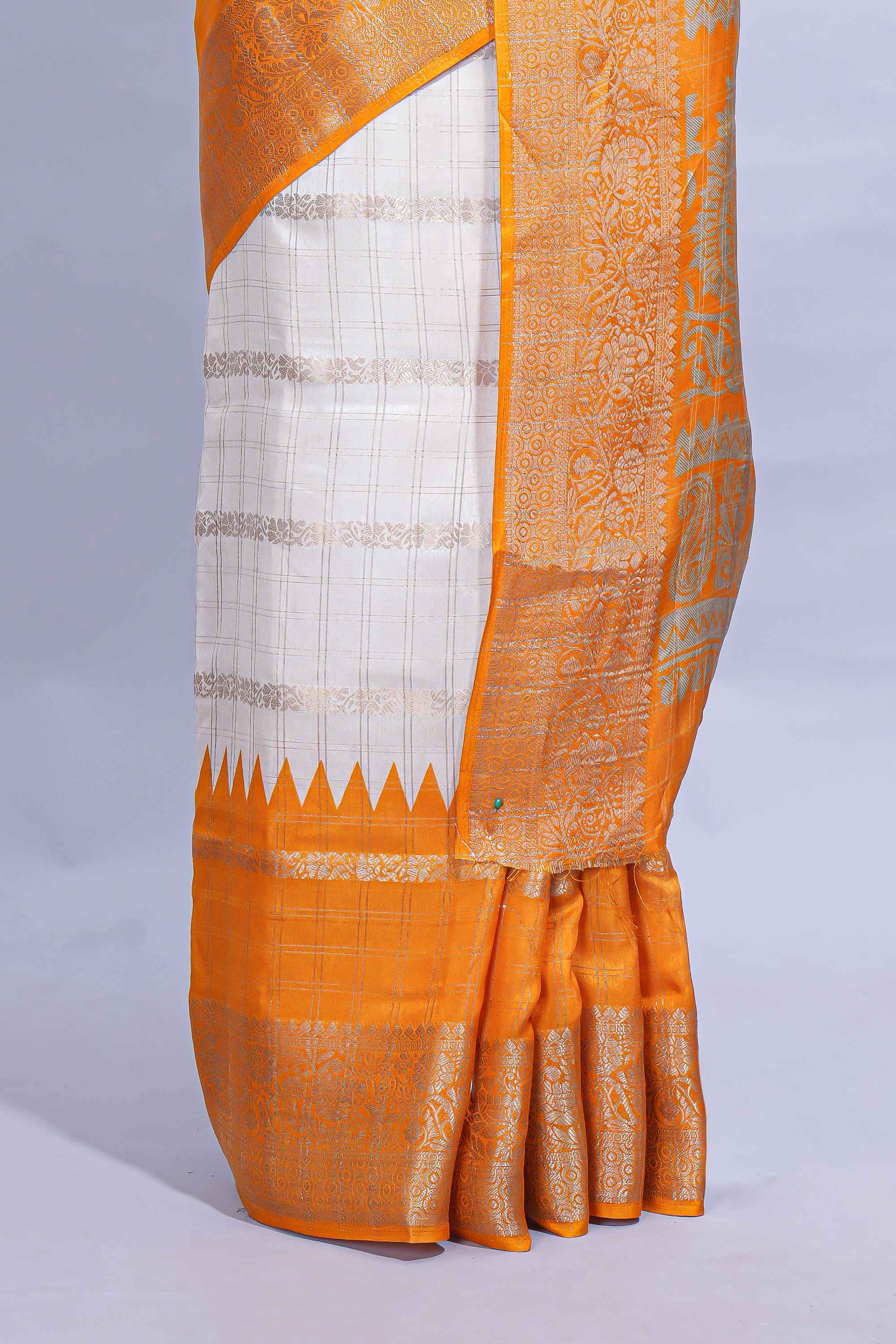 White Dola Silk Saree with orange and green zari borders elegant woven checks and a rich designer pallu along with contrast blouse - Image 4