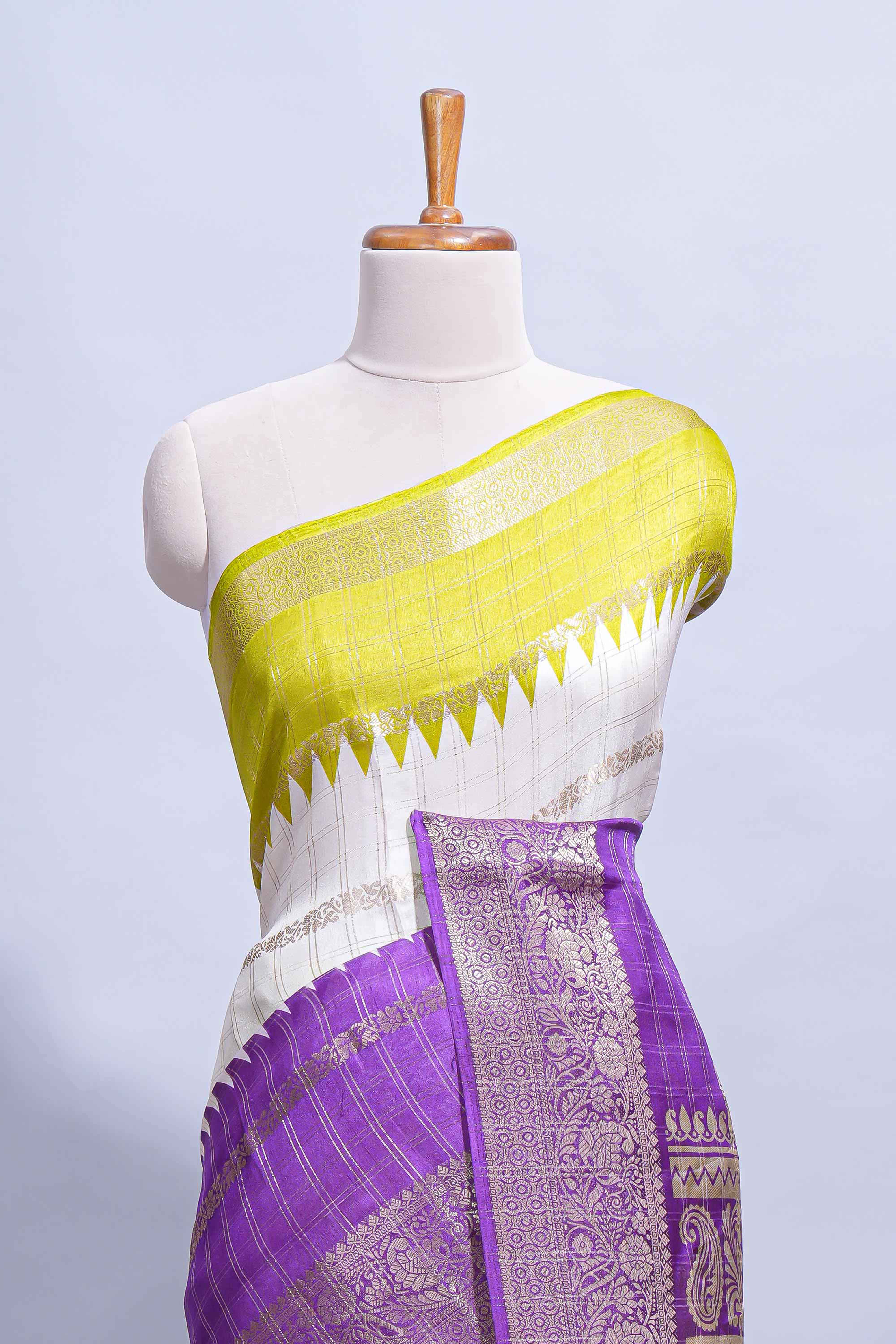 White Dola Silk Saree with violet and green zari borders elegant woven checks and a rich designer pallu along with contrast blouse - Image 3