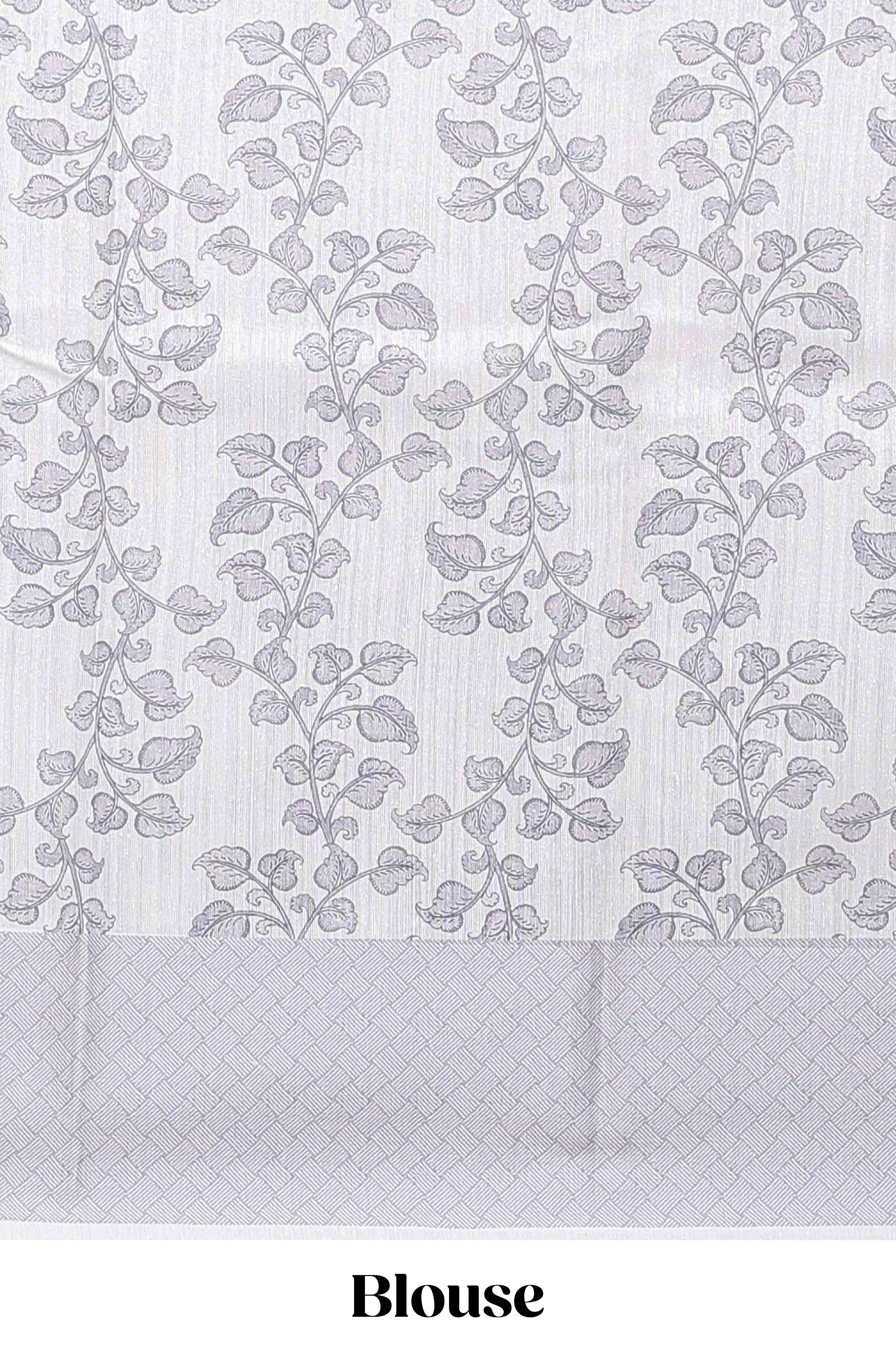 White floral and peacock design linen cotton saree with contrast border and printed blouse - Image 5