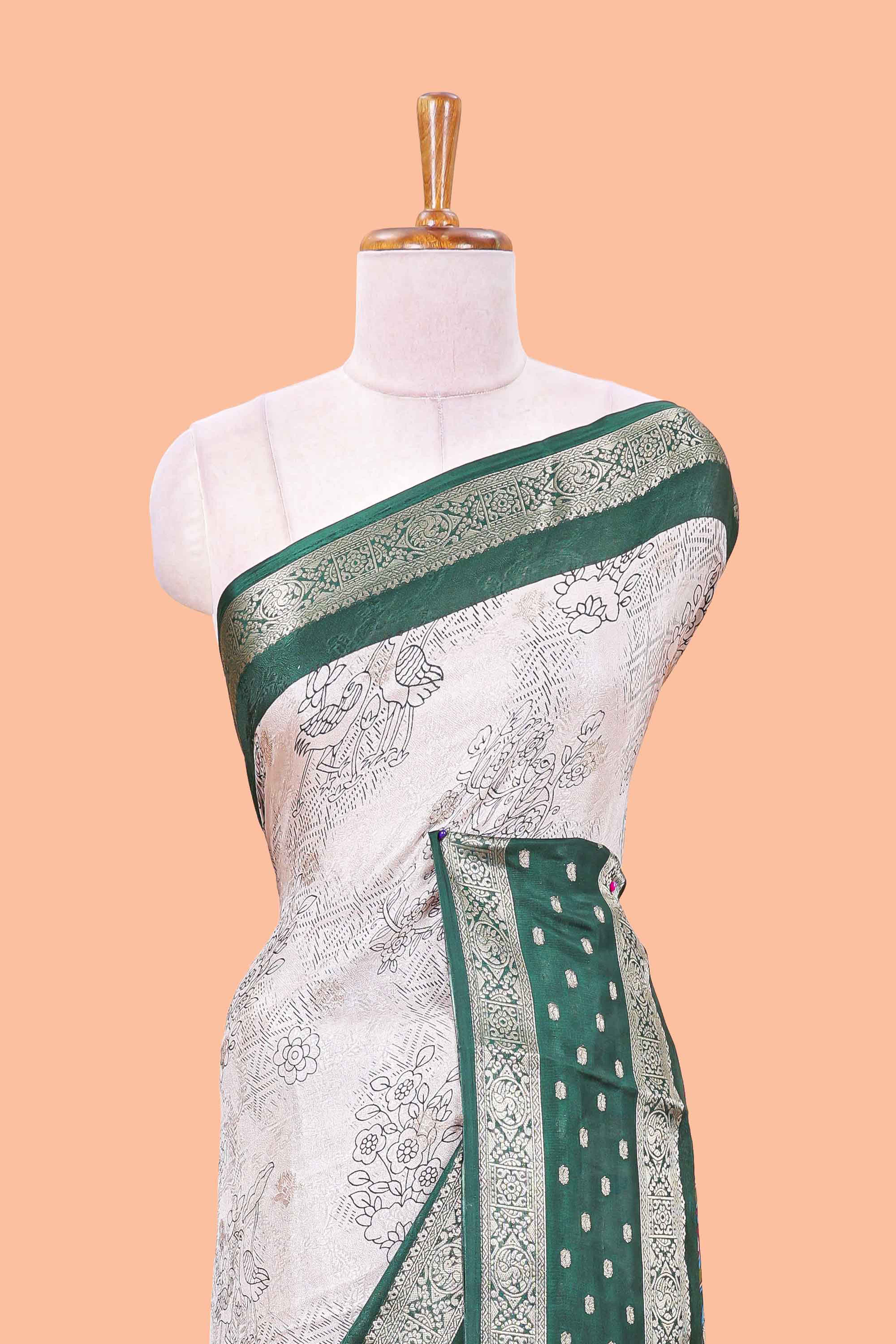 White Kalamkari style floral and crane birds print marsh georgette saree with green zari border and printed pallu - Image 3