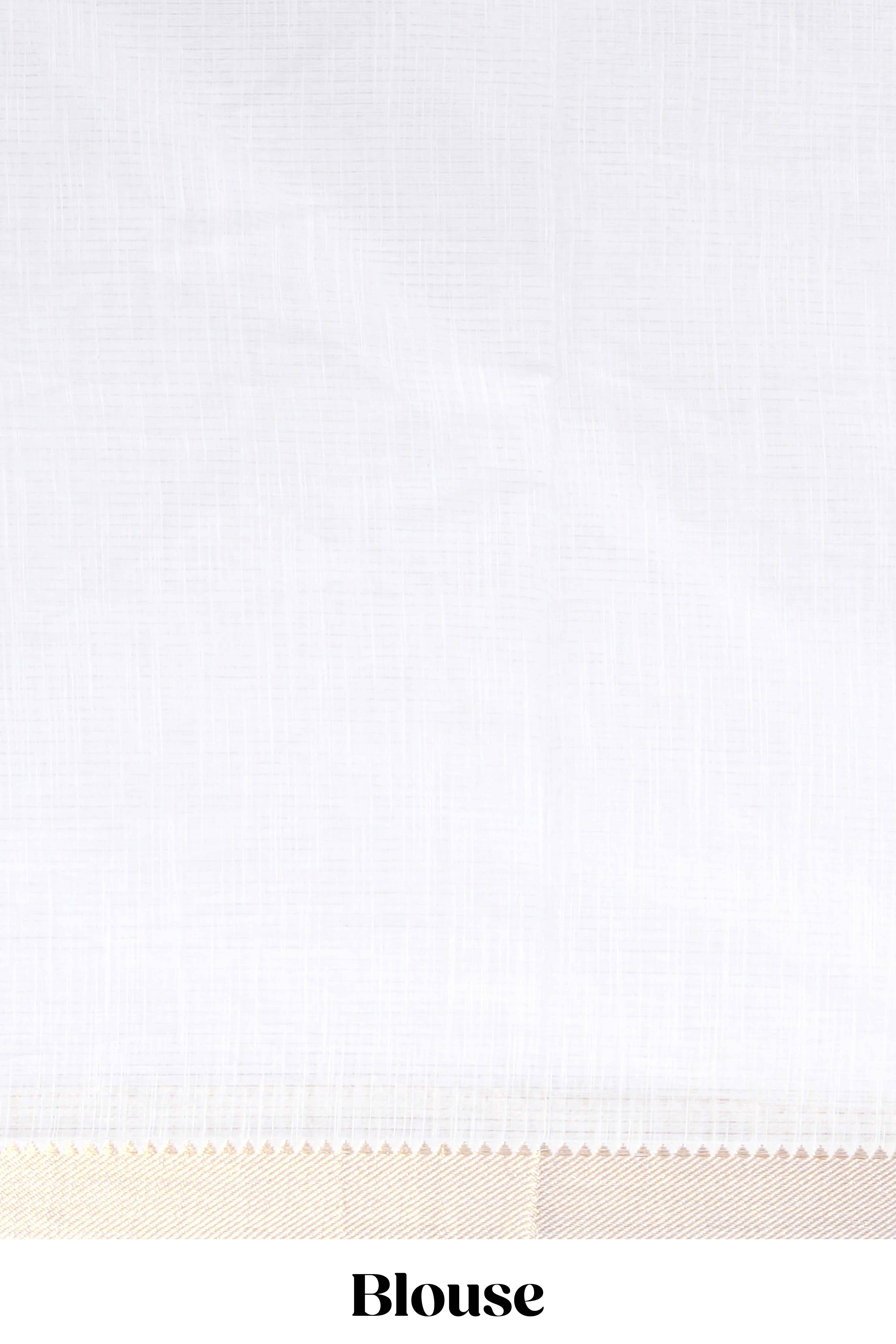 White linen saree delicate floral prints with pastel accents by a subtle gold zari border and striped pallu with tassel along with self blouse - Image 5