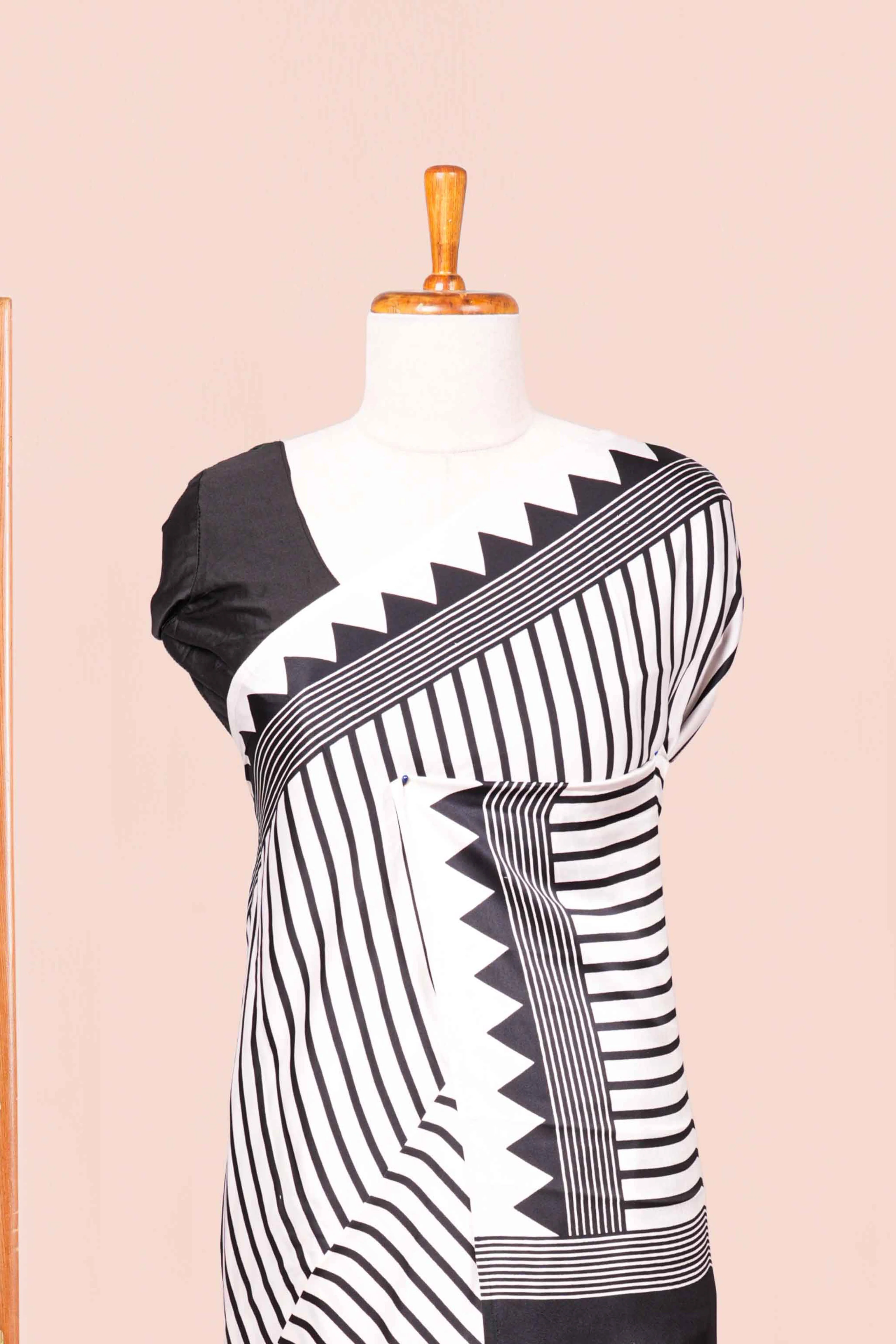 White Modal Silk Saree Lightweight Contrast Vertical Line Printed With Temple Border Circle Butta Design Pallu - Image 3