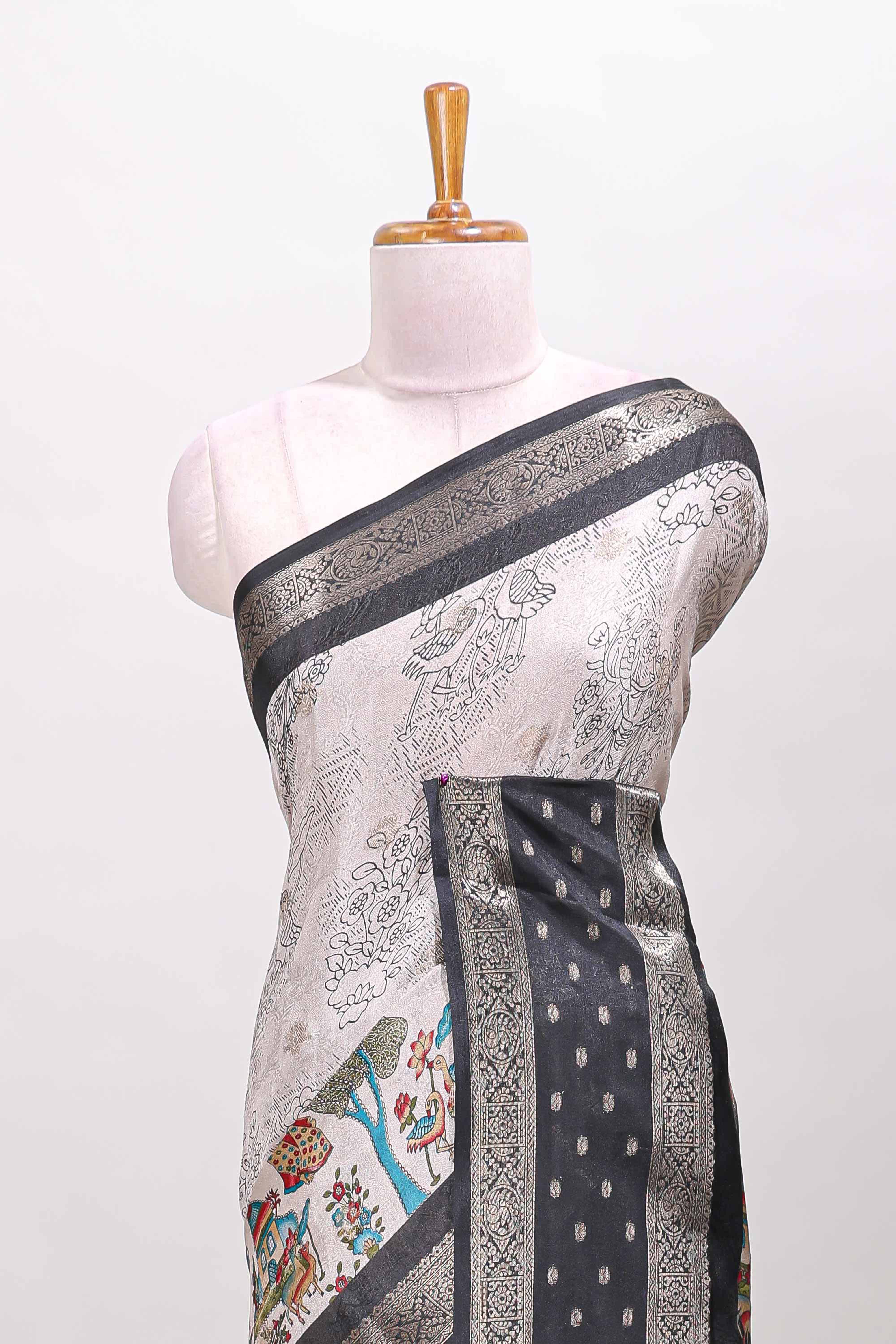 White traditional kalamkari themed marsh georgette saree with contrast black bentex zari border and pallu - Image 3