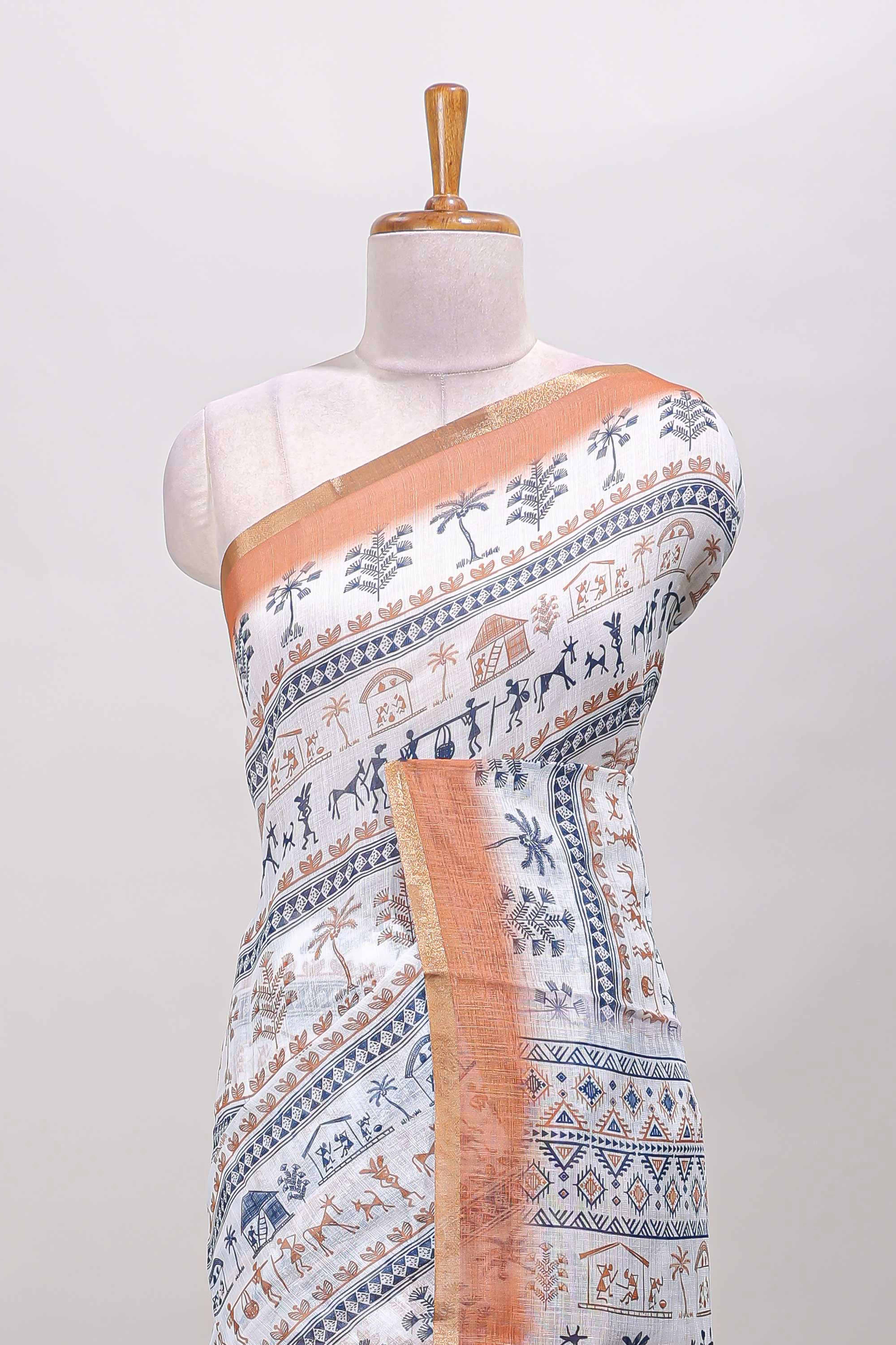 White warli print linen cotton saree with contrast zari border and printed blouse - Image 3