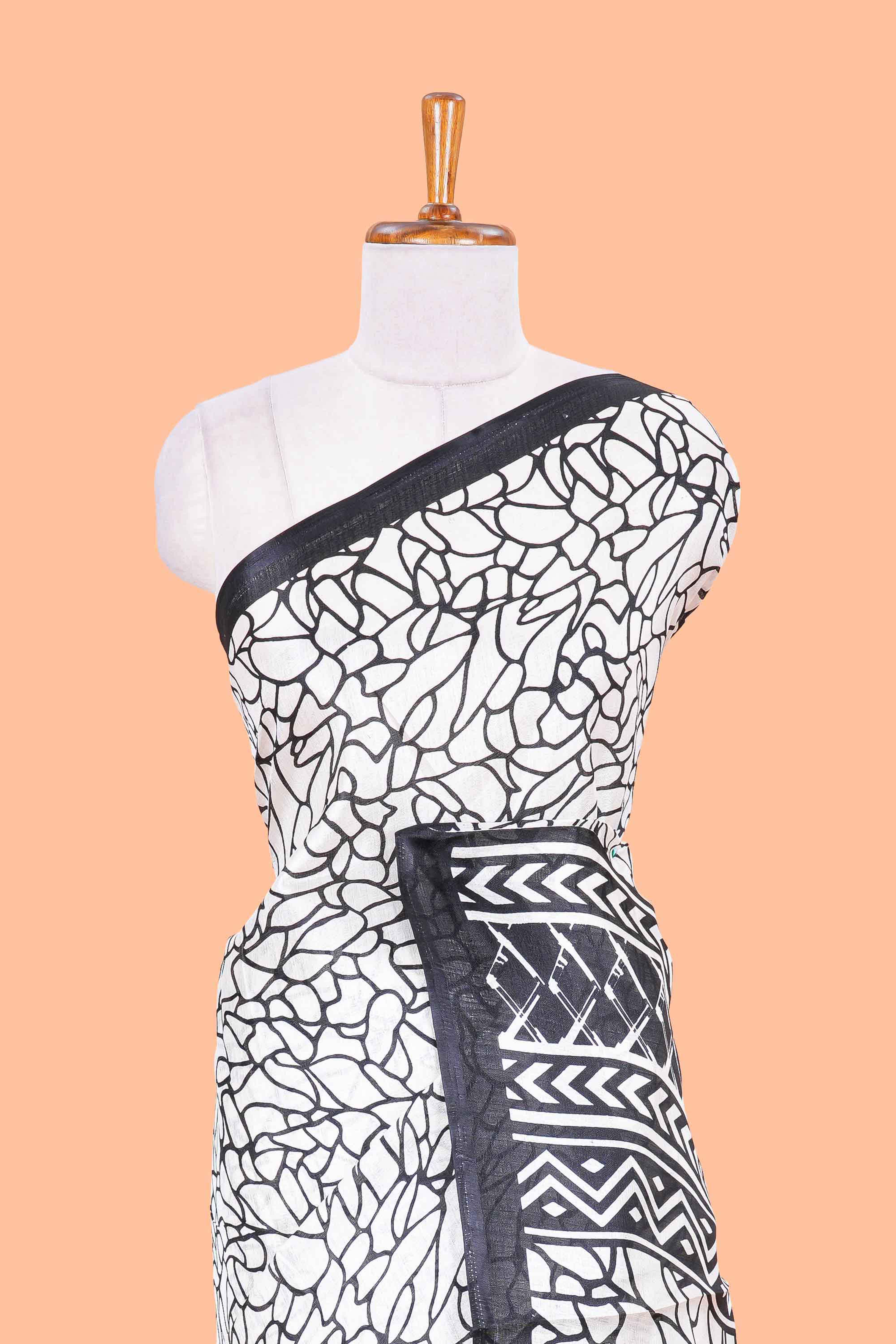 White With Black south Cotton Abstract Print Design In Body and Pallu - Image 3