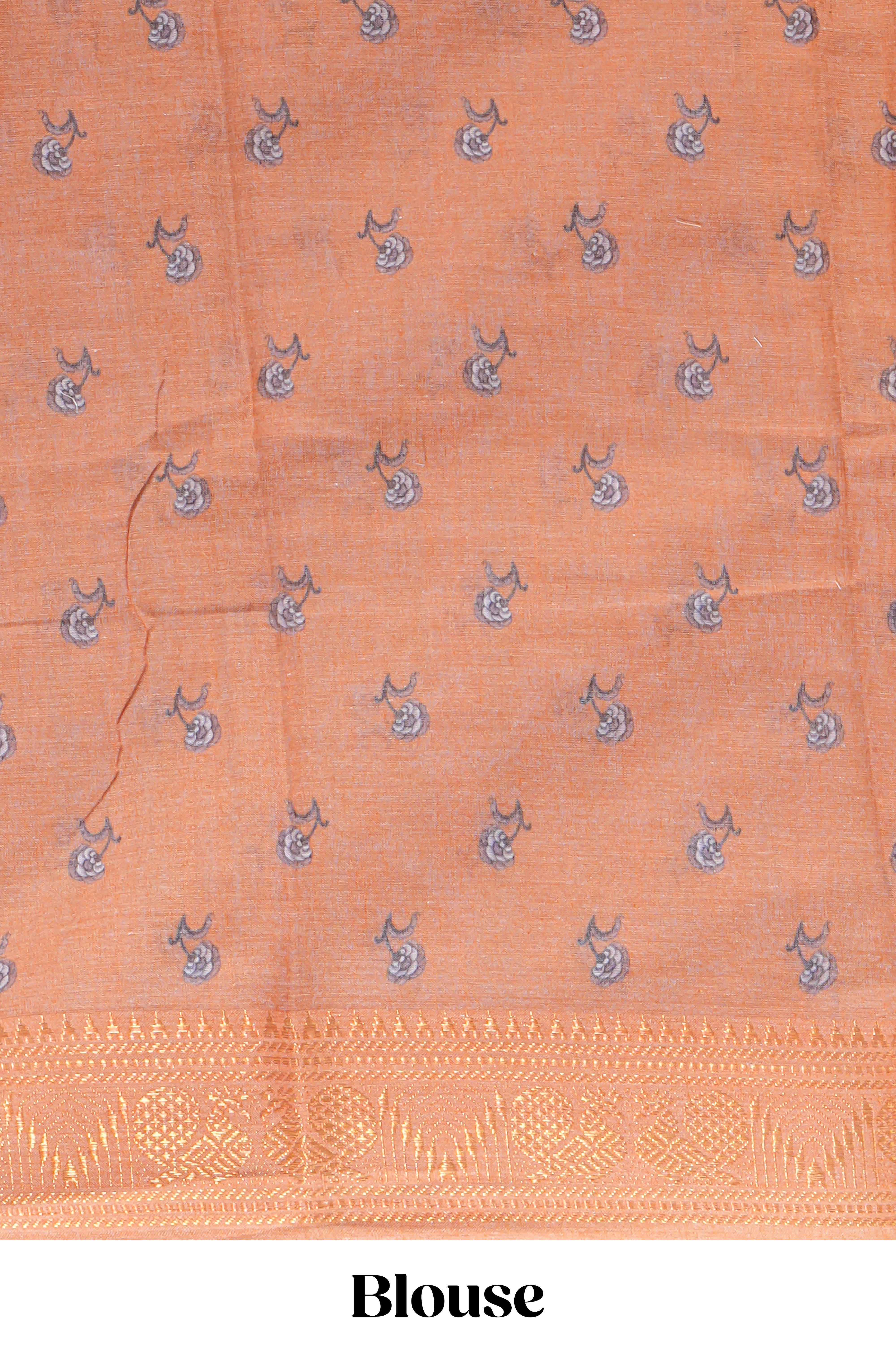 White with orange linen cotton saree with multicolour floral vine print with a contrast border and printed pallu along with printed blouse - Image 5