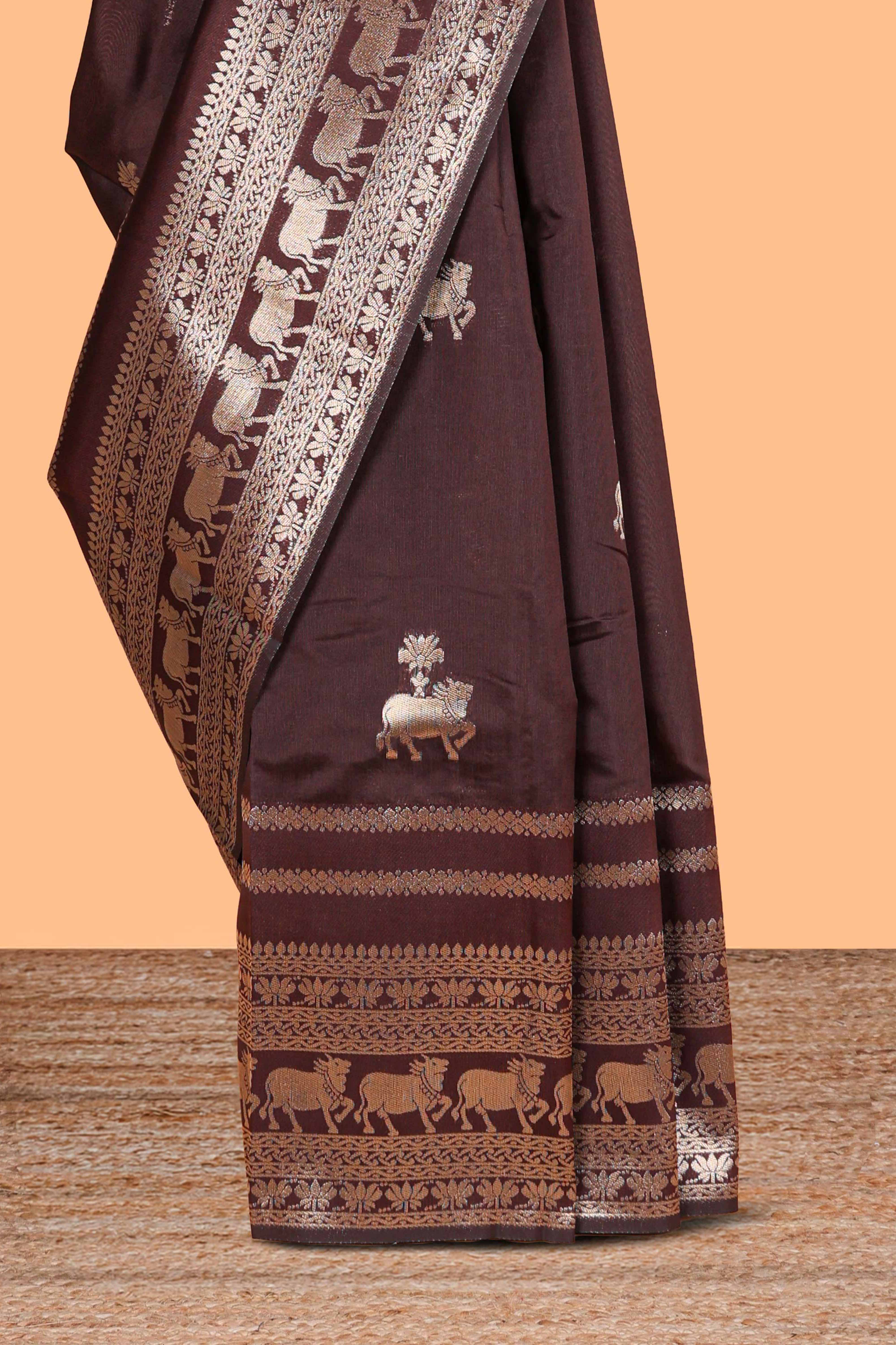 Wine Brown Art Silk Saree Gold Zari Woven Pichwai Motifs with Woven Zari Border and Matching Blouse - Image 3