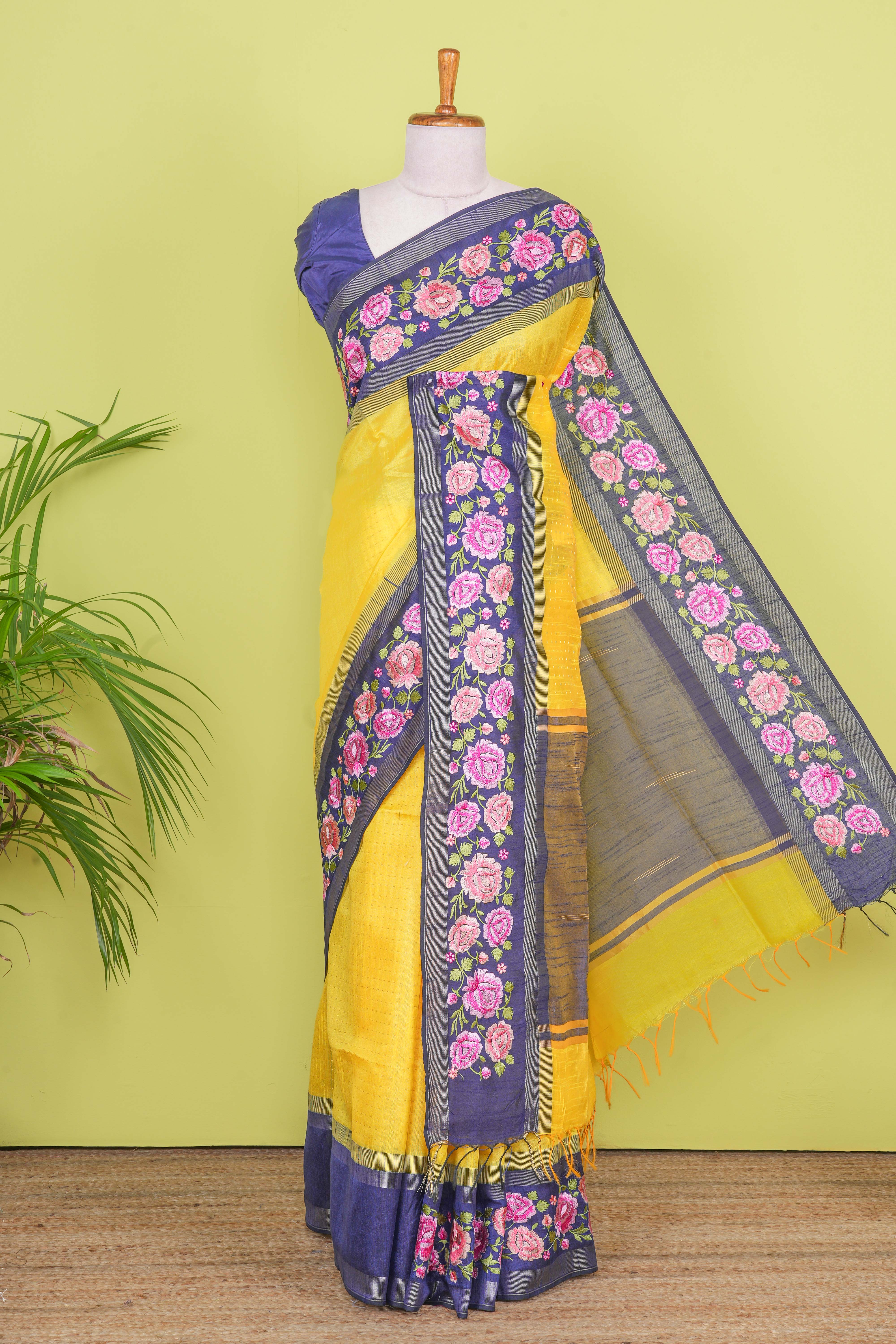 Yellow Art Tussar Silk Saree Golden Zari Stripes Weaving Across The Body With Contrast Short Pallu