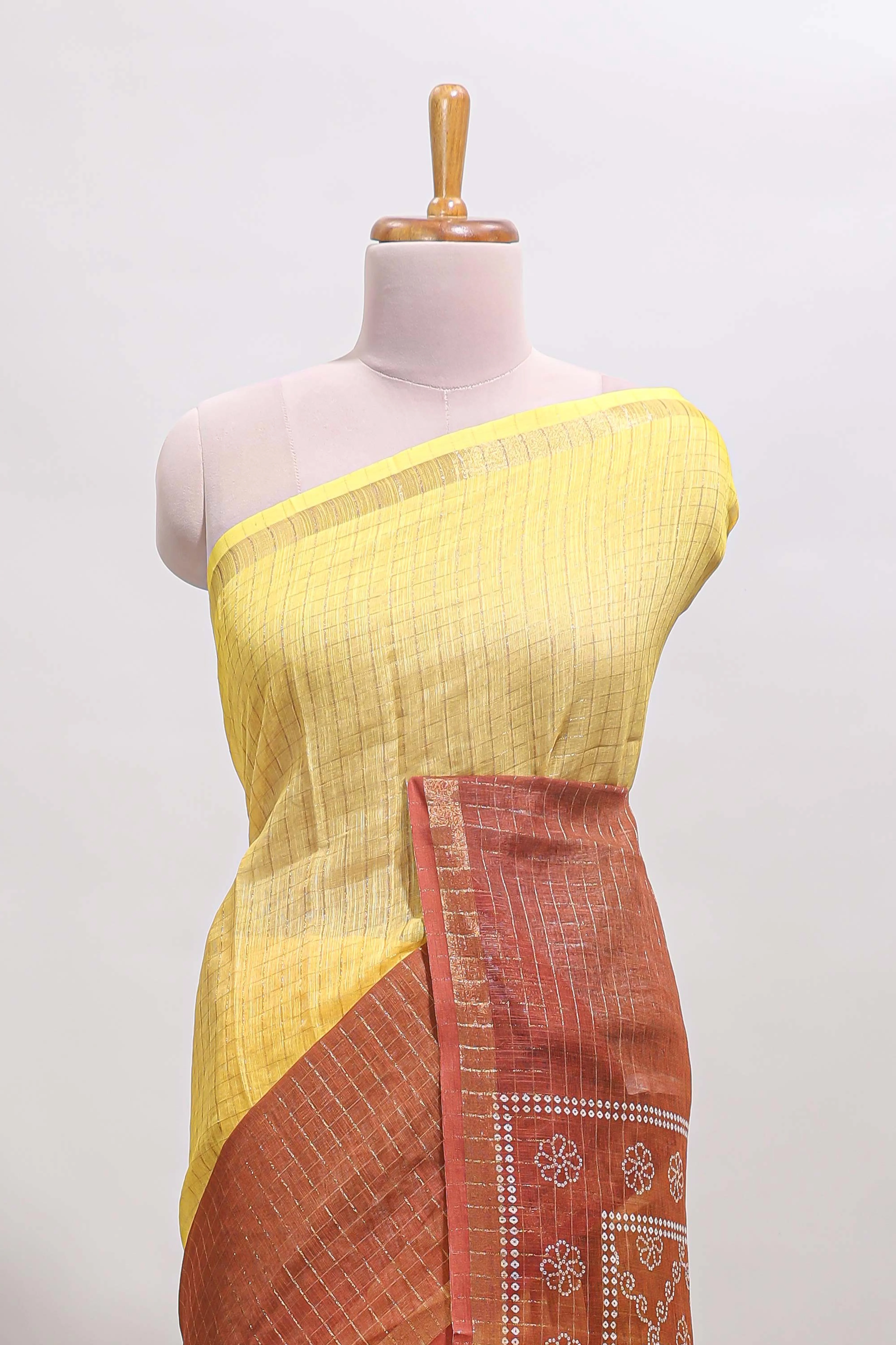 Yellow & brown dual shade checked chanderi cotton saree with self zari border and blouse - Image 3