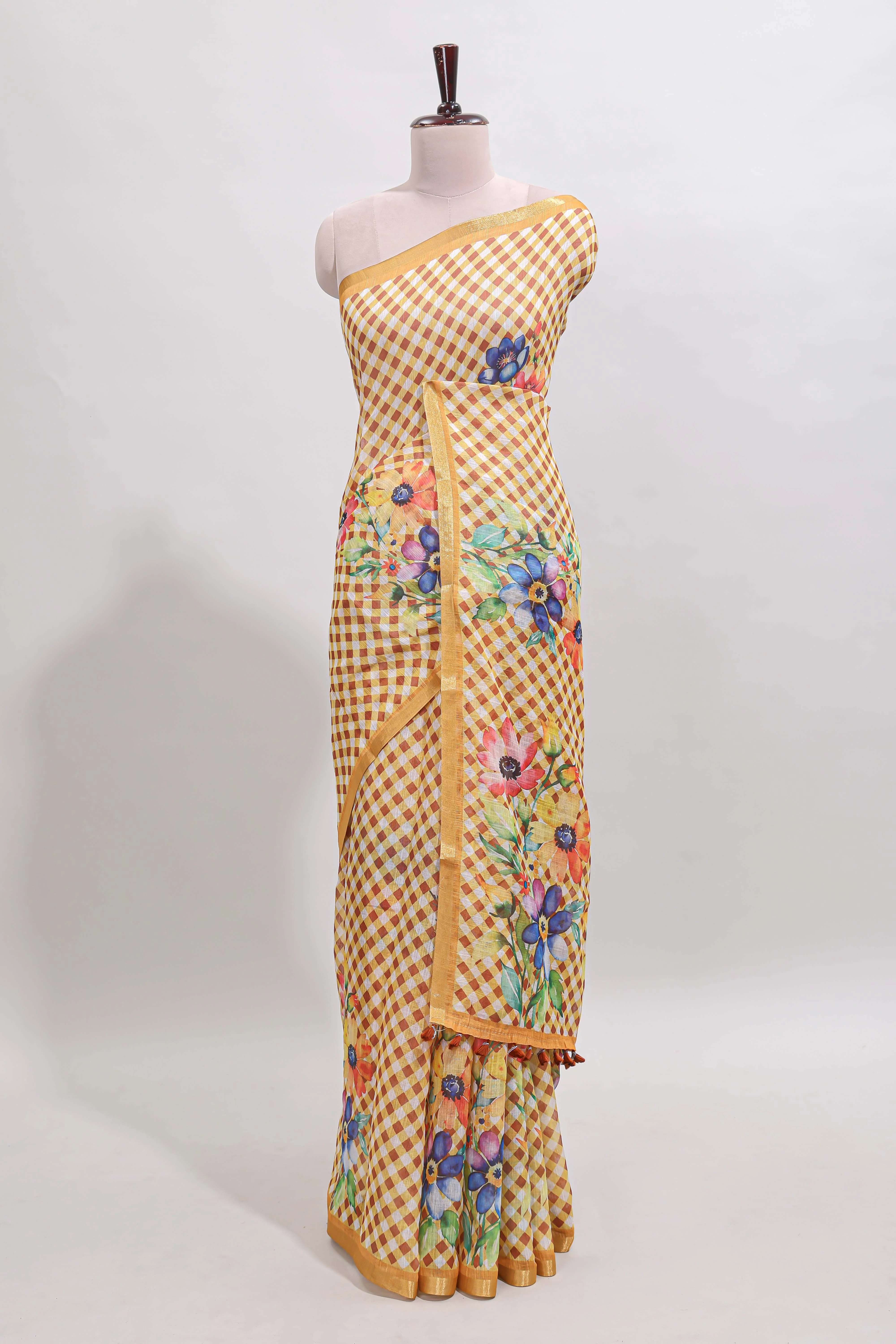 Yellow checked floral design linen cotton saree with self zari border and matching blouse - Image 2