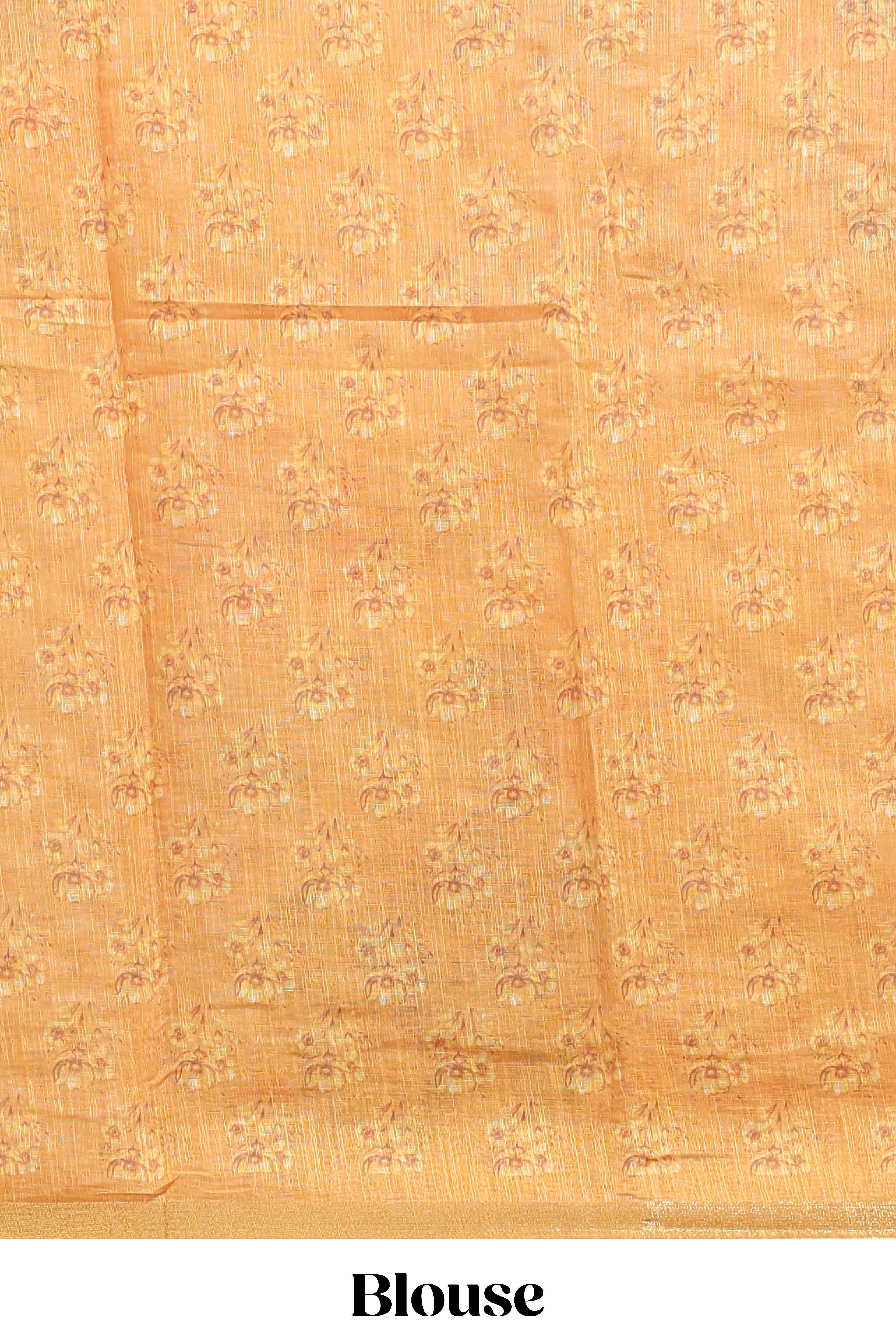 Yellow checked floral design linen cotton saree with self zari border and matching blouse - Image 5