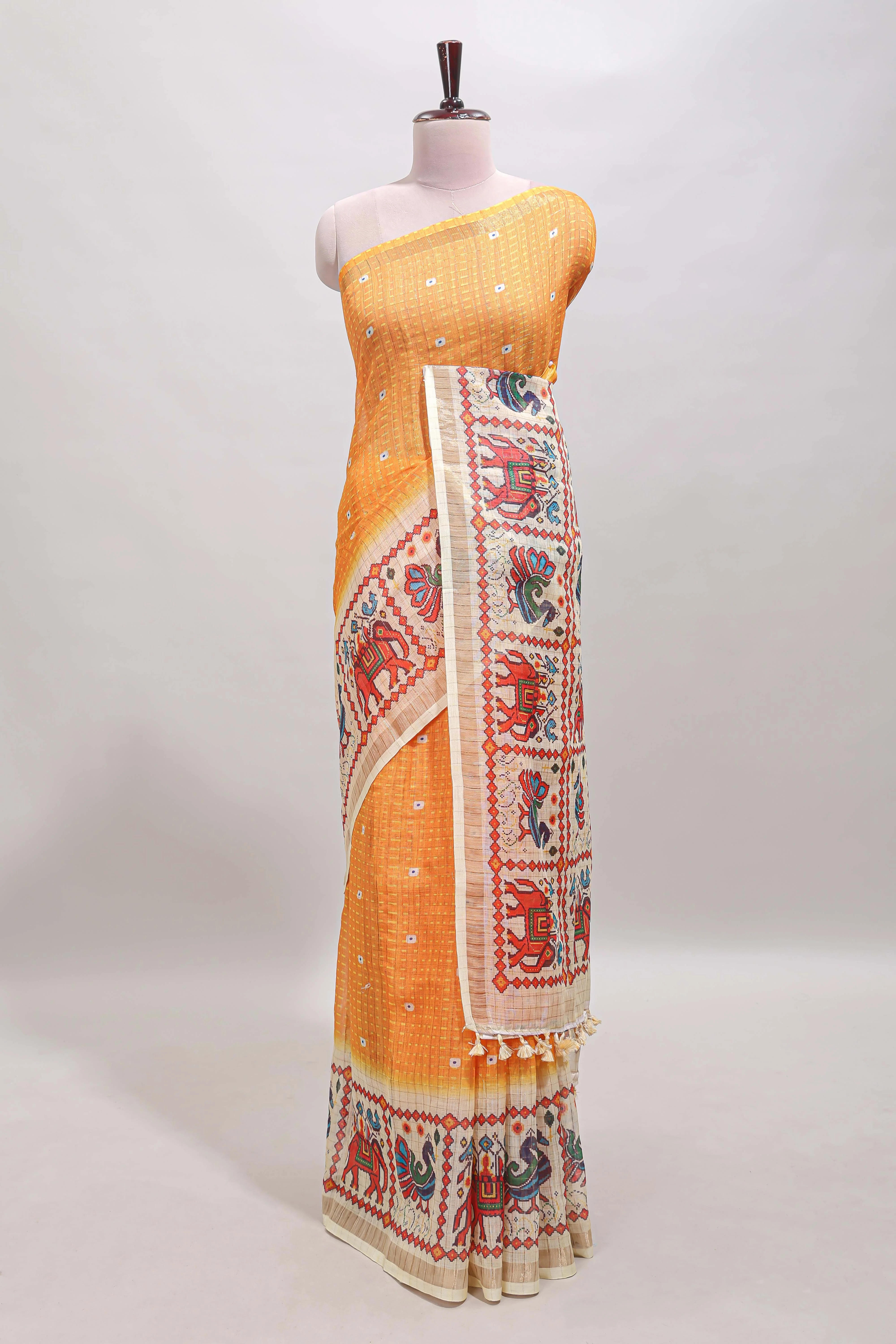 Yellow checked geometric motifs linen cotton saree with contrast ikkat style border and blouse - Image 2