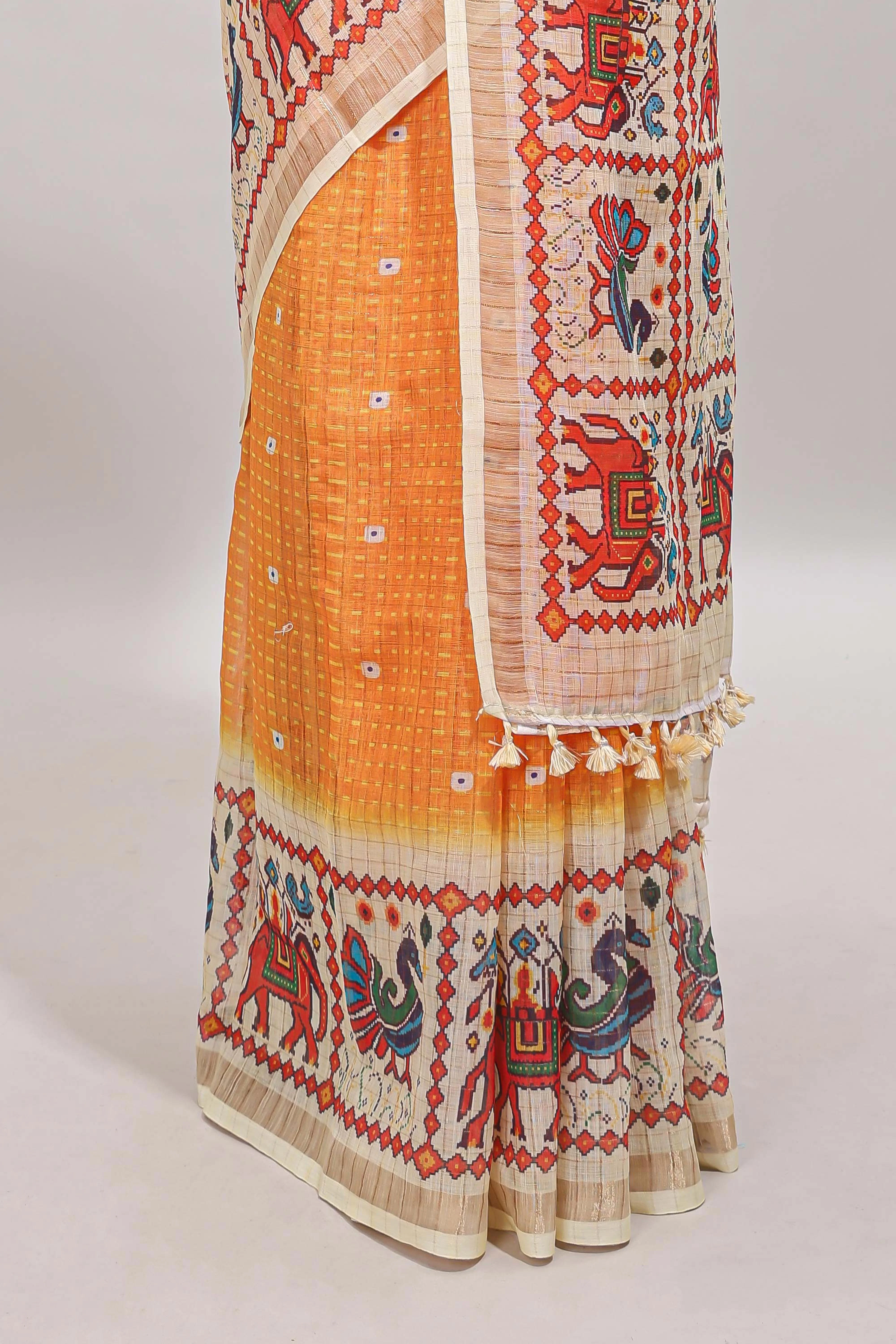 Yellow checked geometric motifs linen cotton saree with contrast ikkat style border and blouse - Image 4