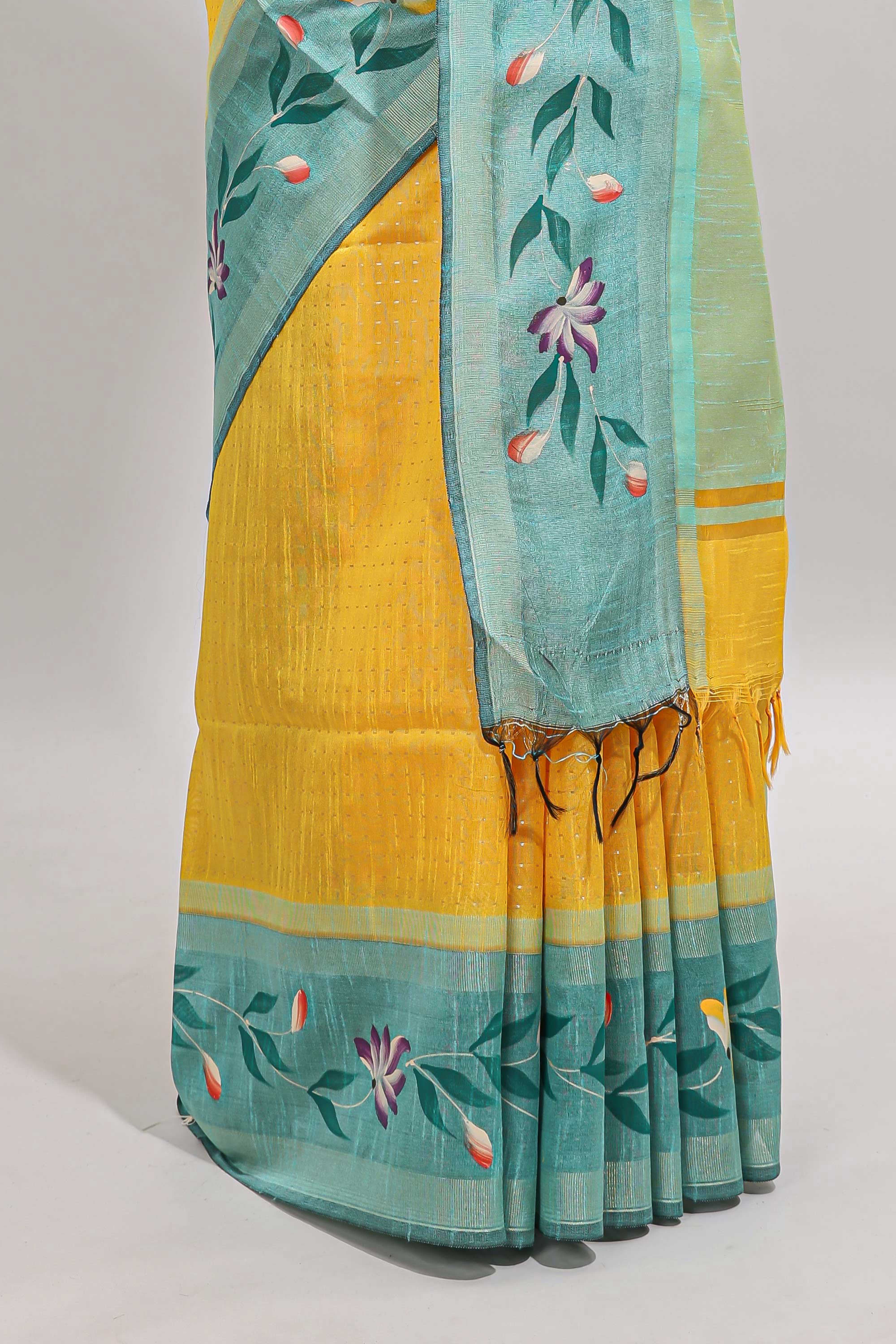 Yellow checked semi tussar saree with contrast floral vine border and blouse - Image 4