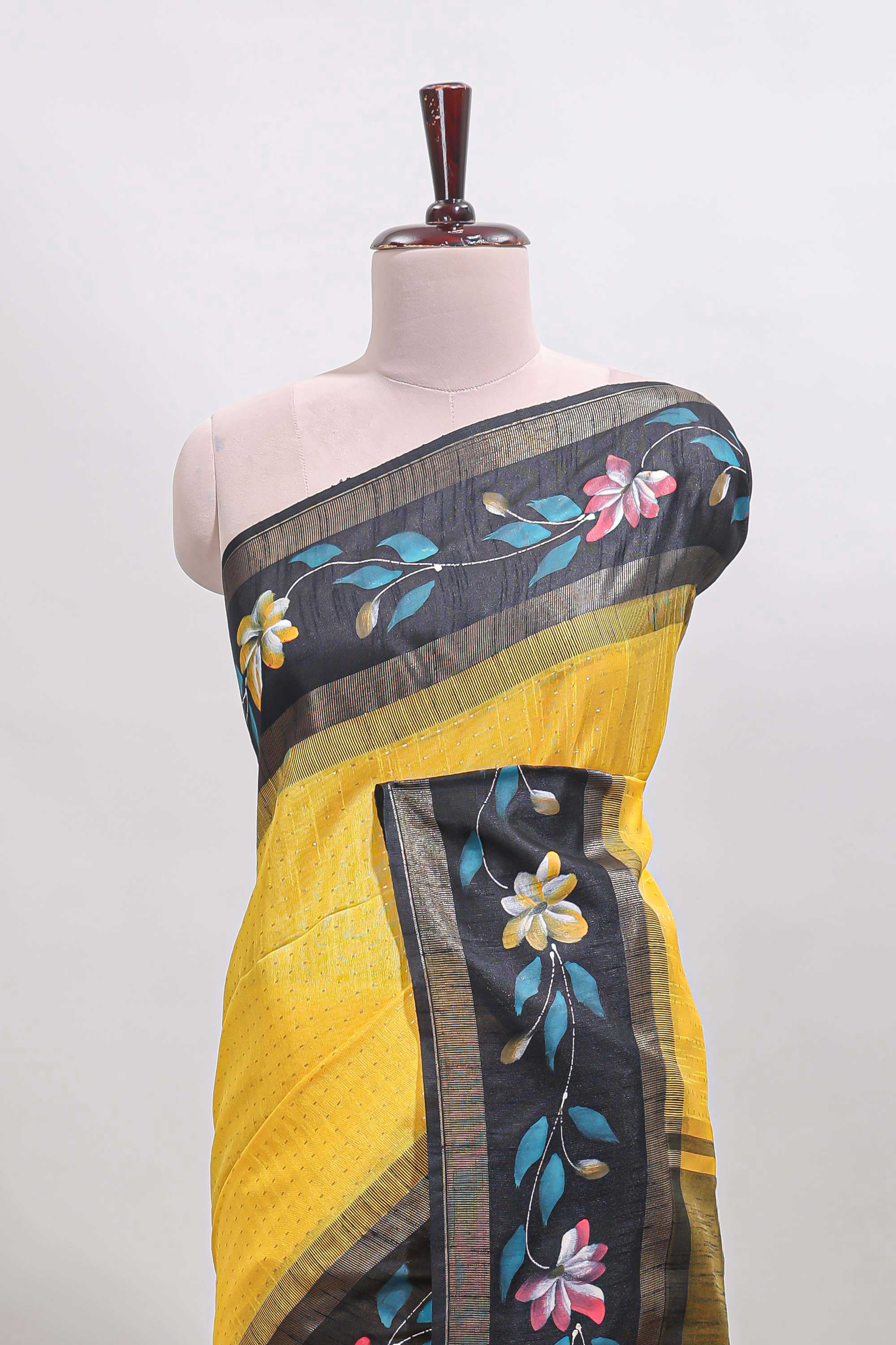 Yellow checked semi tussar saree with contrast floral vine border and blouse - Image 3