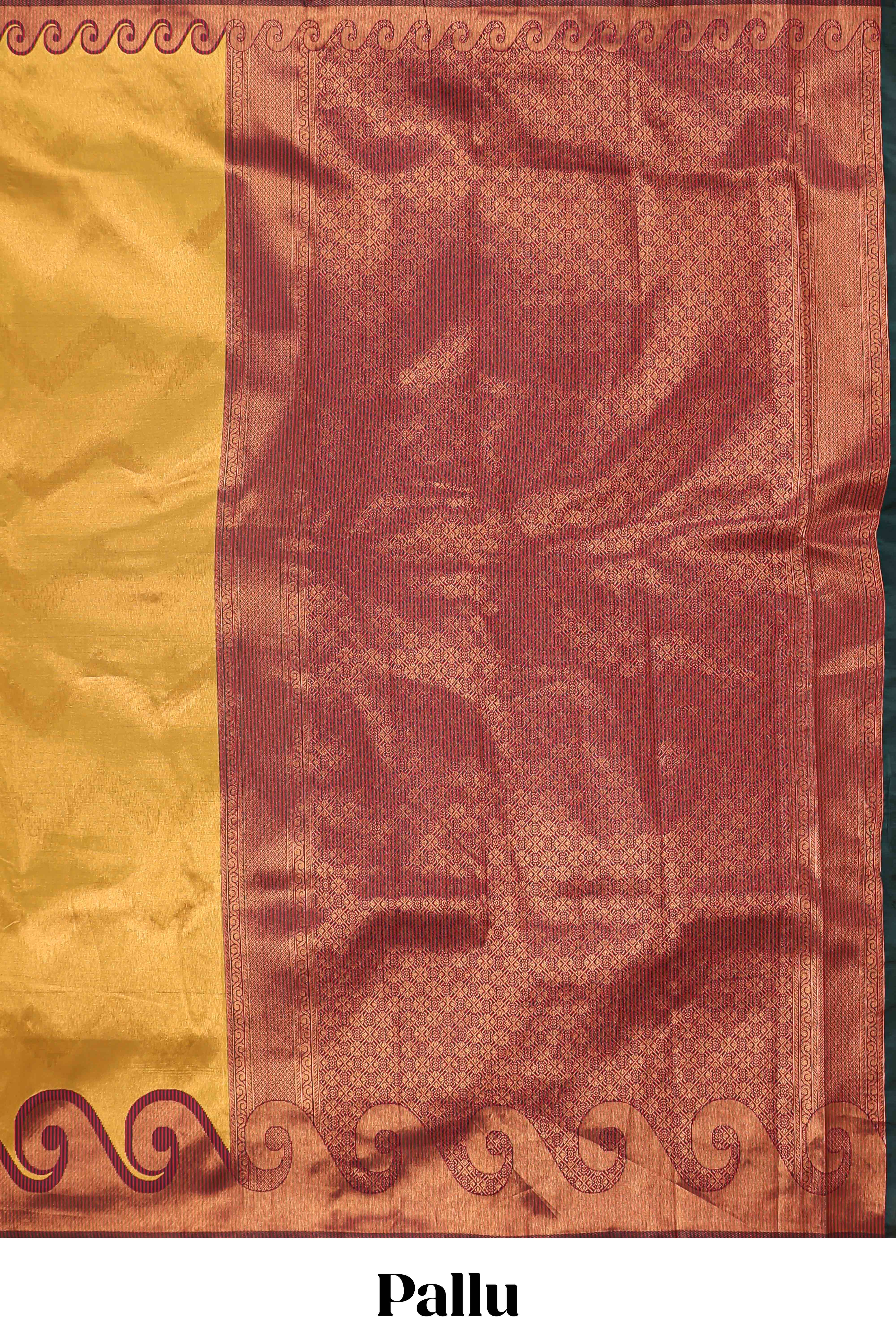 Yellow chevron zari design litchi silk saree with contrast swirl shape zari border and blouse - Image 4