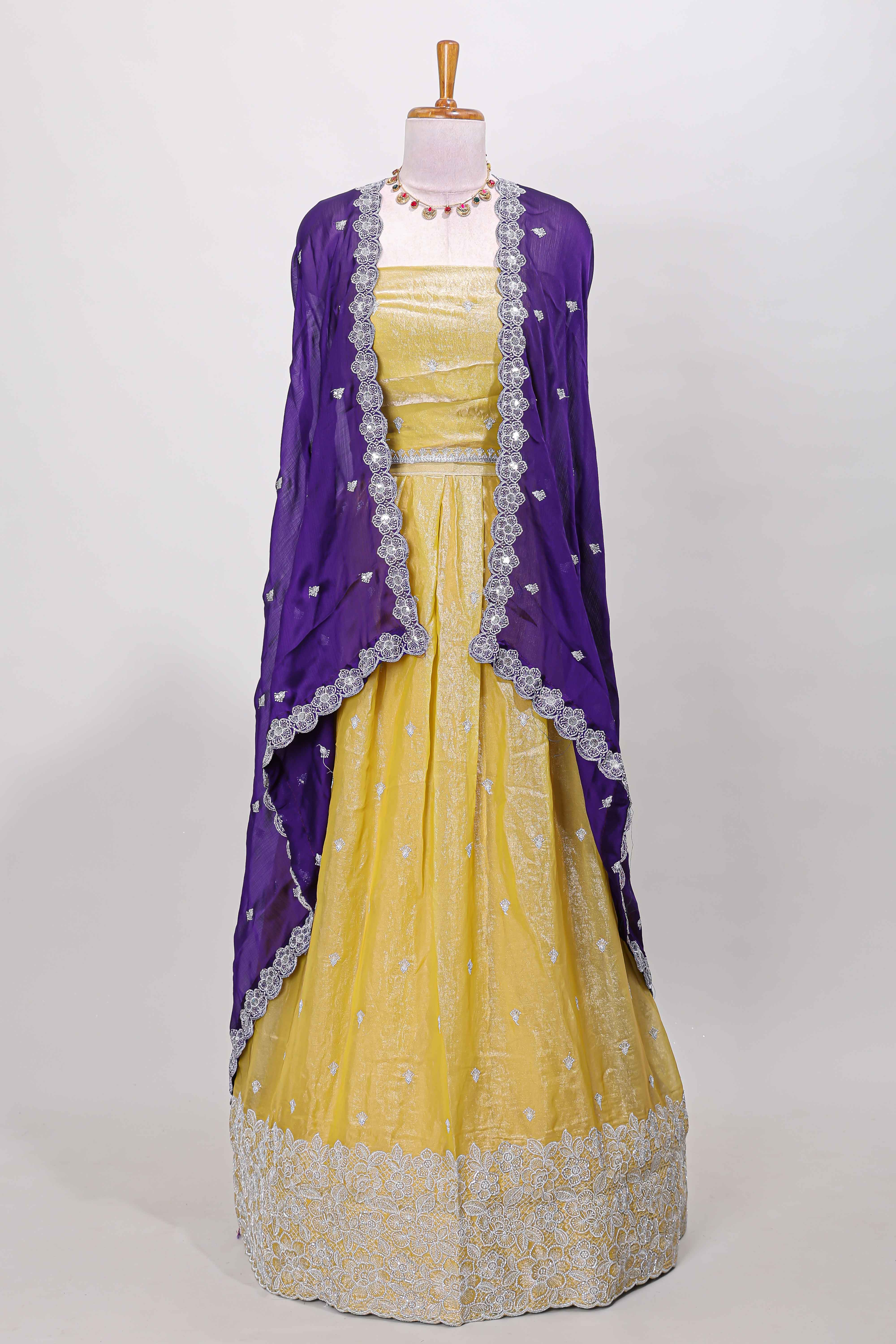 Yellow fendy chiffon lehenga with all over embroidery and stone work, paired with a contrast dhavani - Image 2
