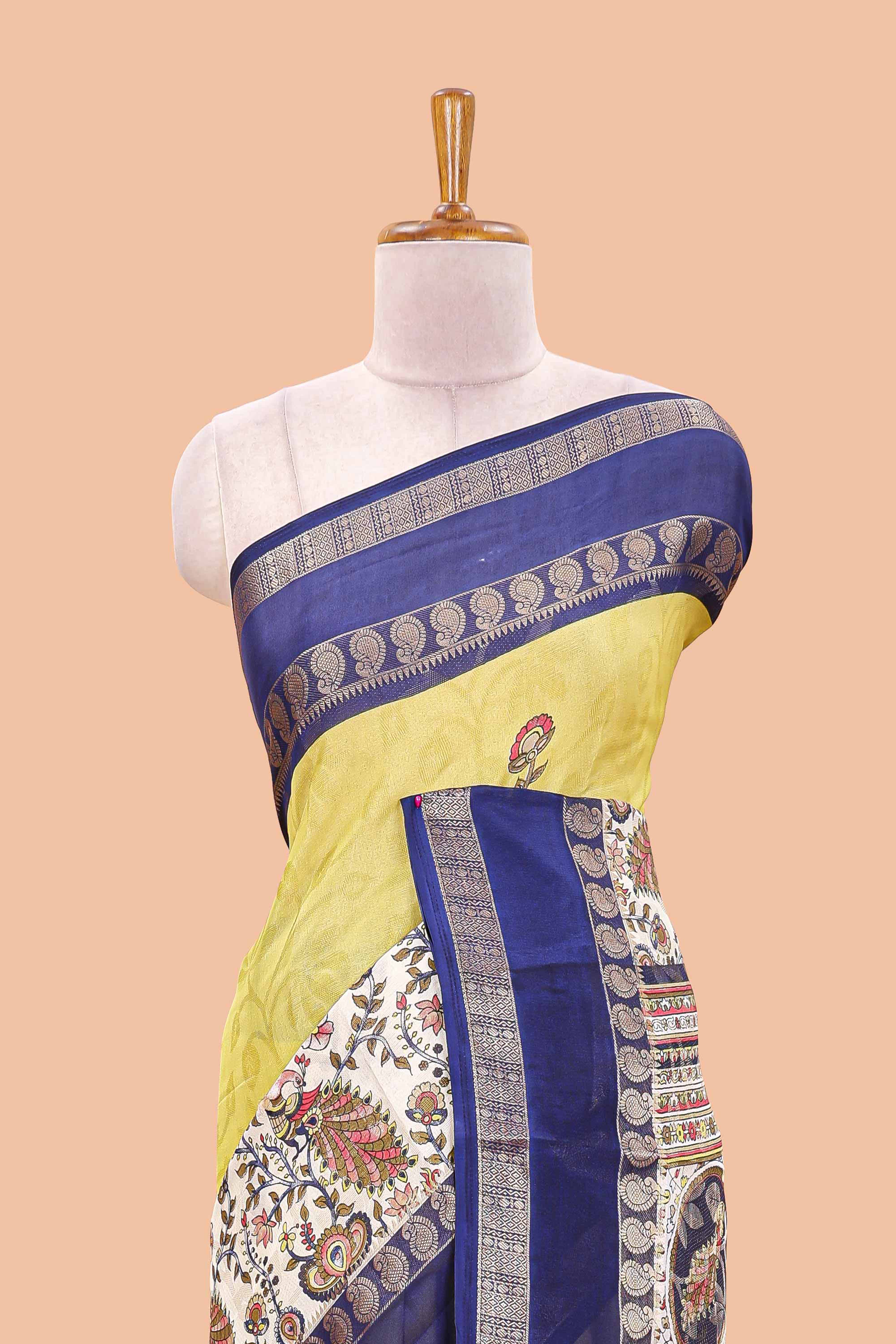 Yellow dola silk floral motifs saree with kalamkari inspired pallu and peacock zari border - Image 3