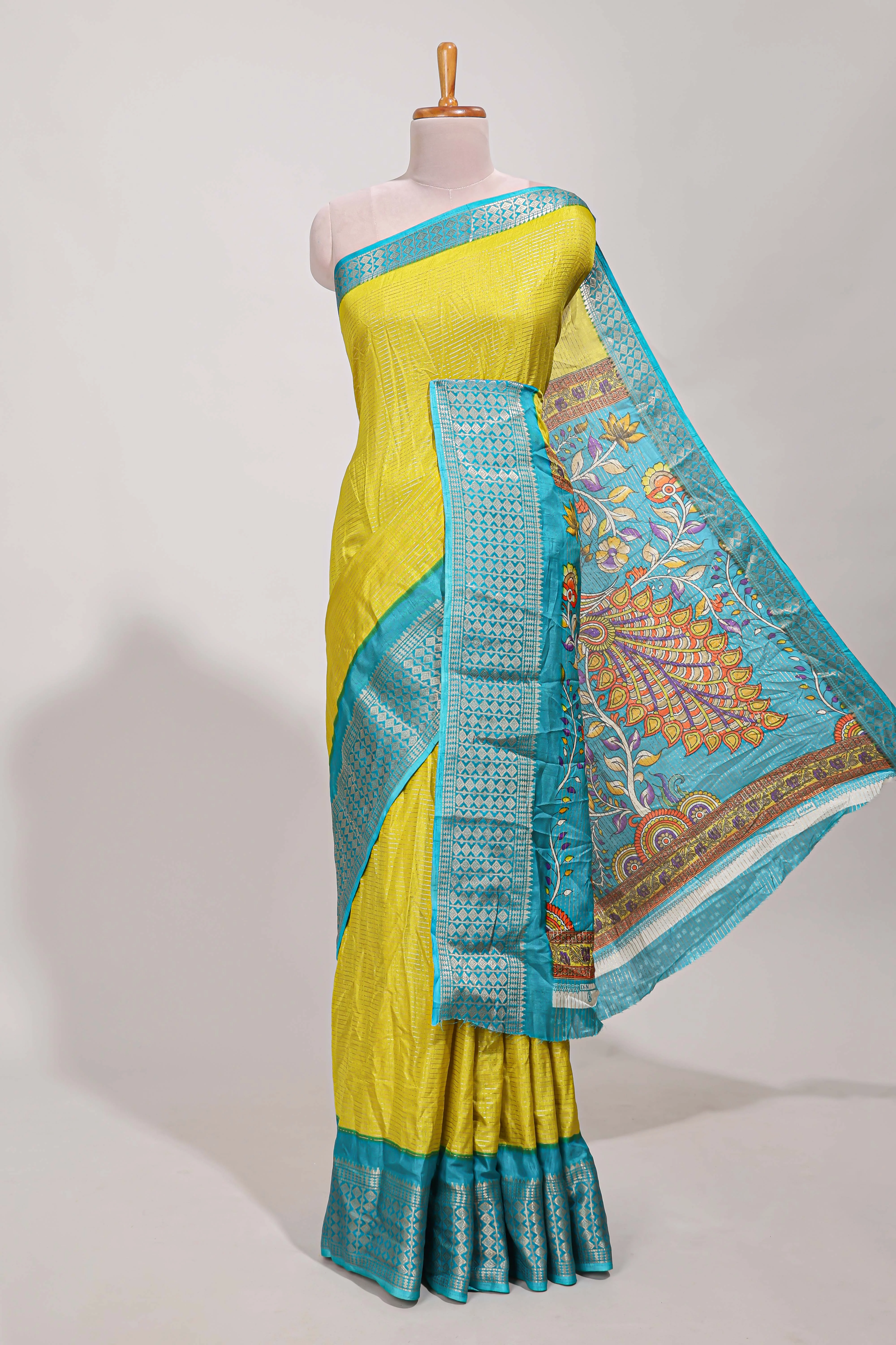 Yellow Dola silk saree all over zari work design with contrast zig zag border and contrast kalmkari printed pallu - Image 2