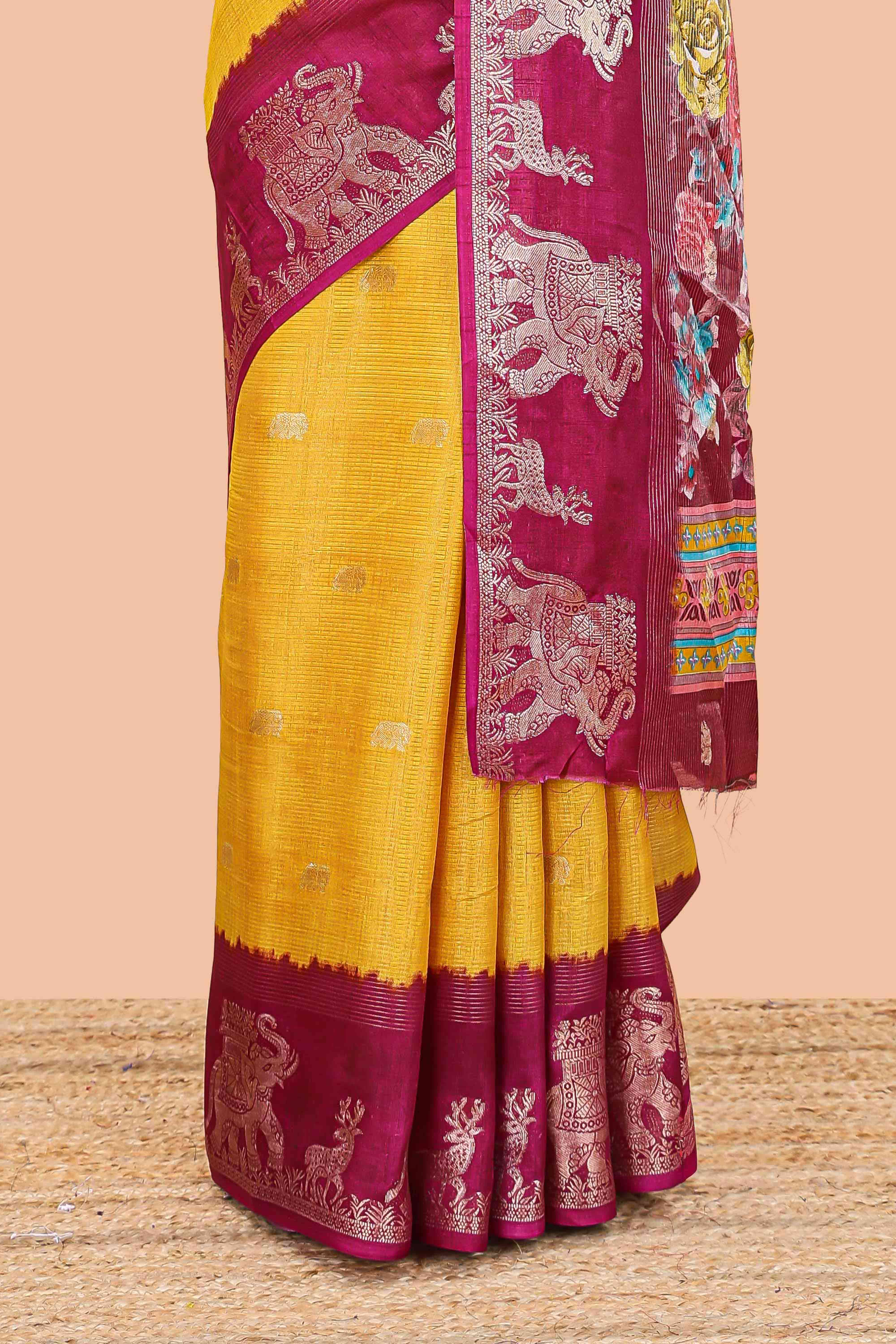 Yellow dola silk saree with elephant butta design and kalamkari print blouse - Image 4