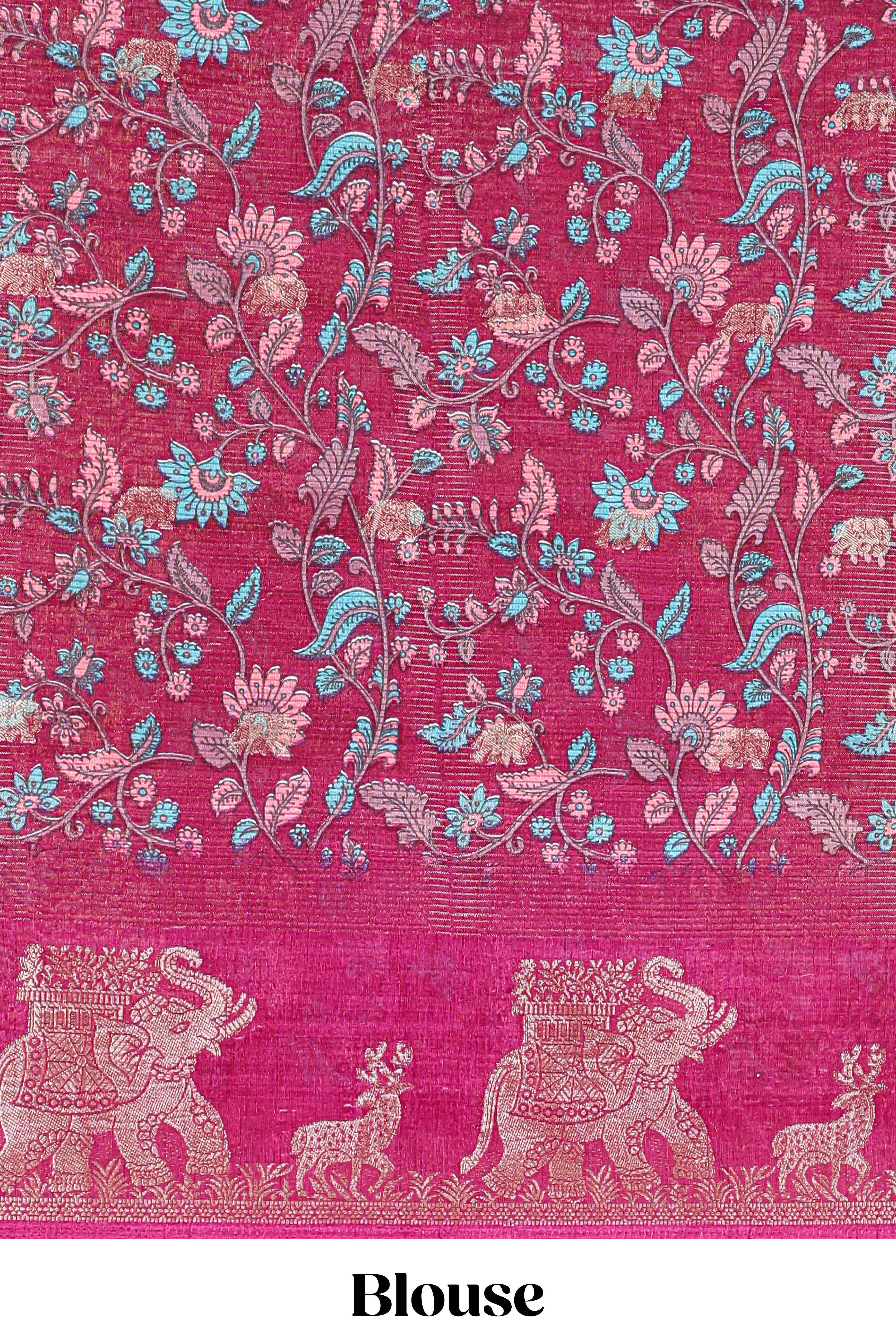 Yellow dola silk saree with elephant butta design and kalamkari print blouse - Image 5