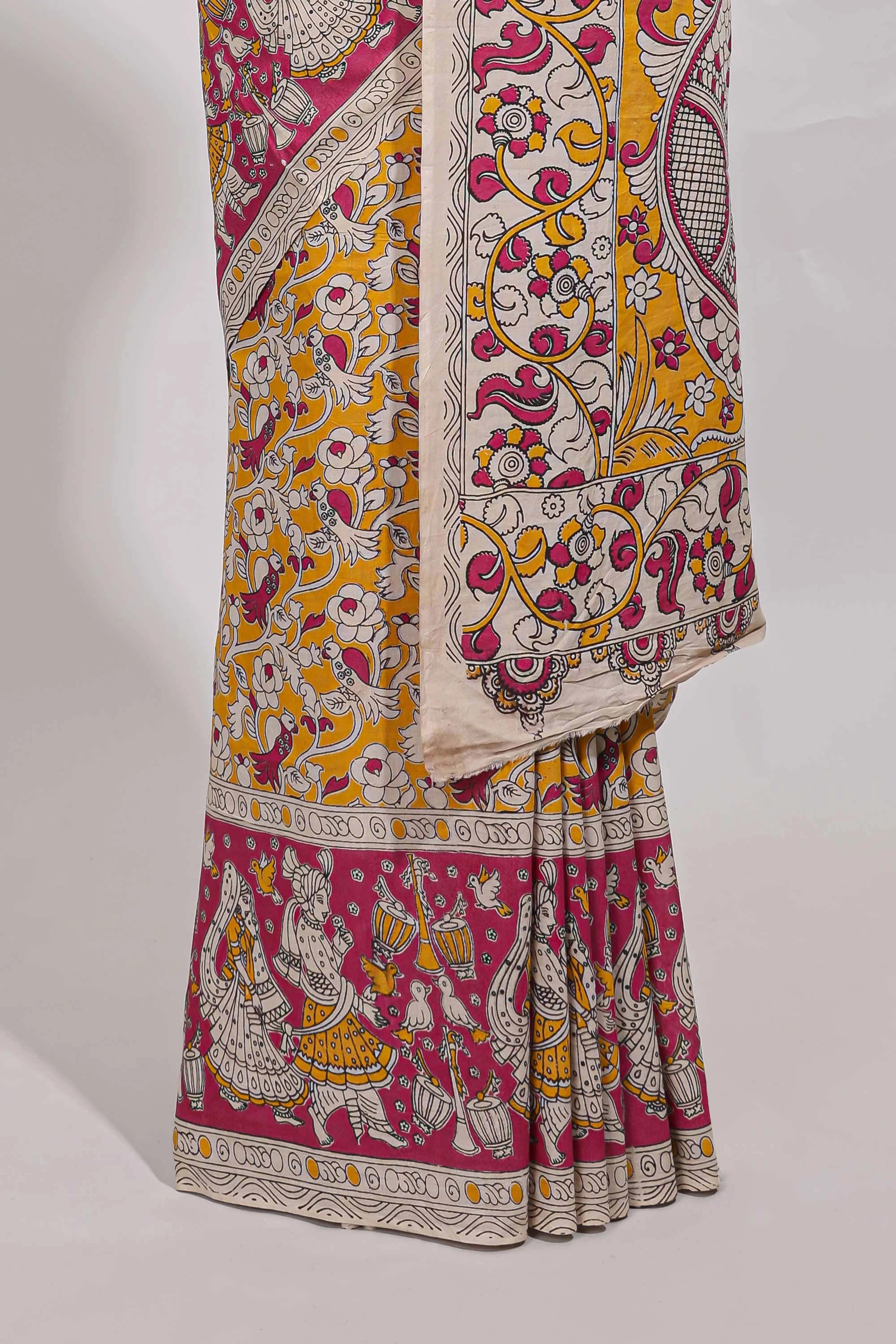 yellow kalamkari printed cotton saree with traditional floral motifs and contrast pallu - Image 4