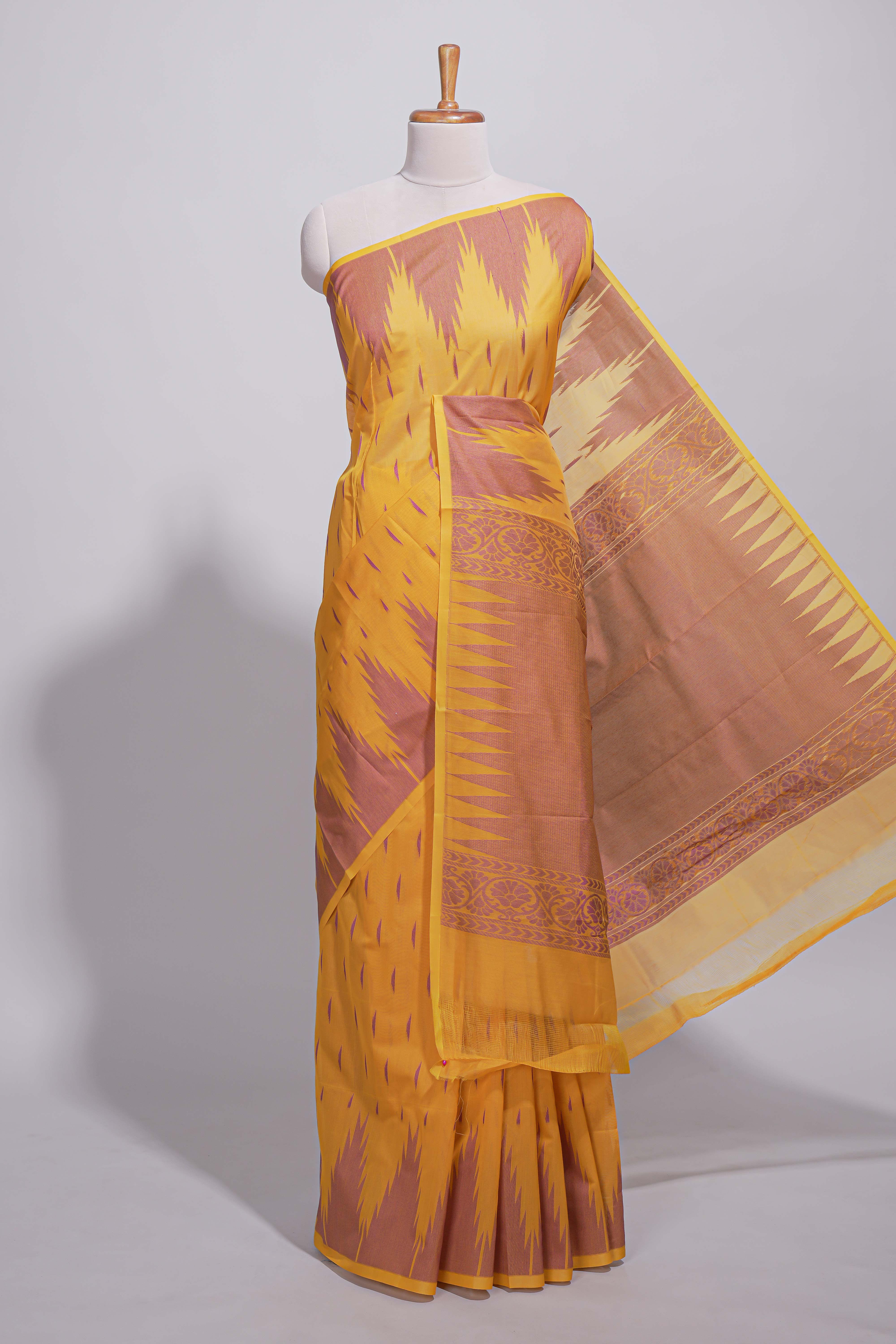 Yellow kota cotton saree with gold zari buttas a zari border with temple design and zari woven pallu with matching blouse piece - Image 2
