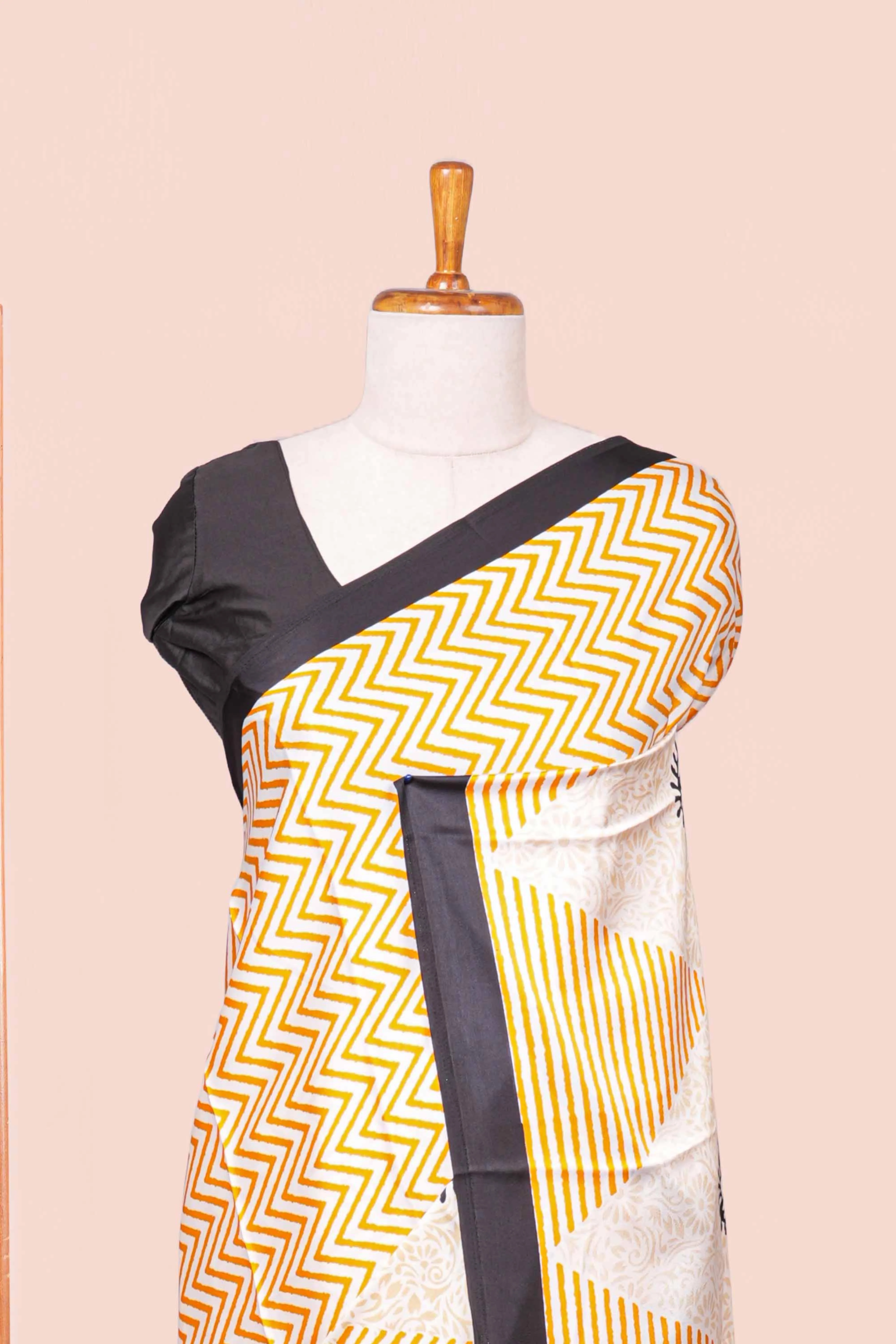 Yellow Modal Silk Saree Lightweight ,Flowy. Chevron Design Contrast Border - Image 3