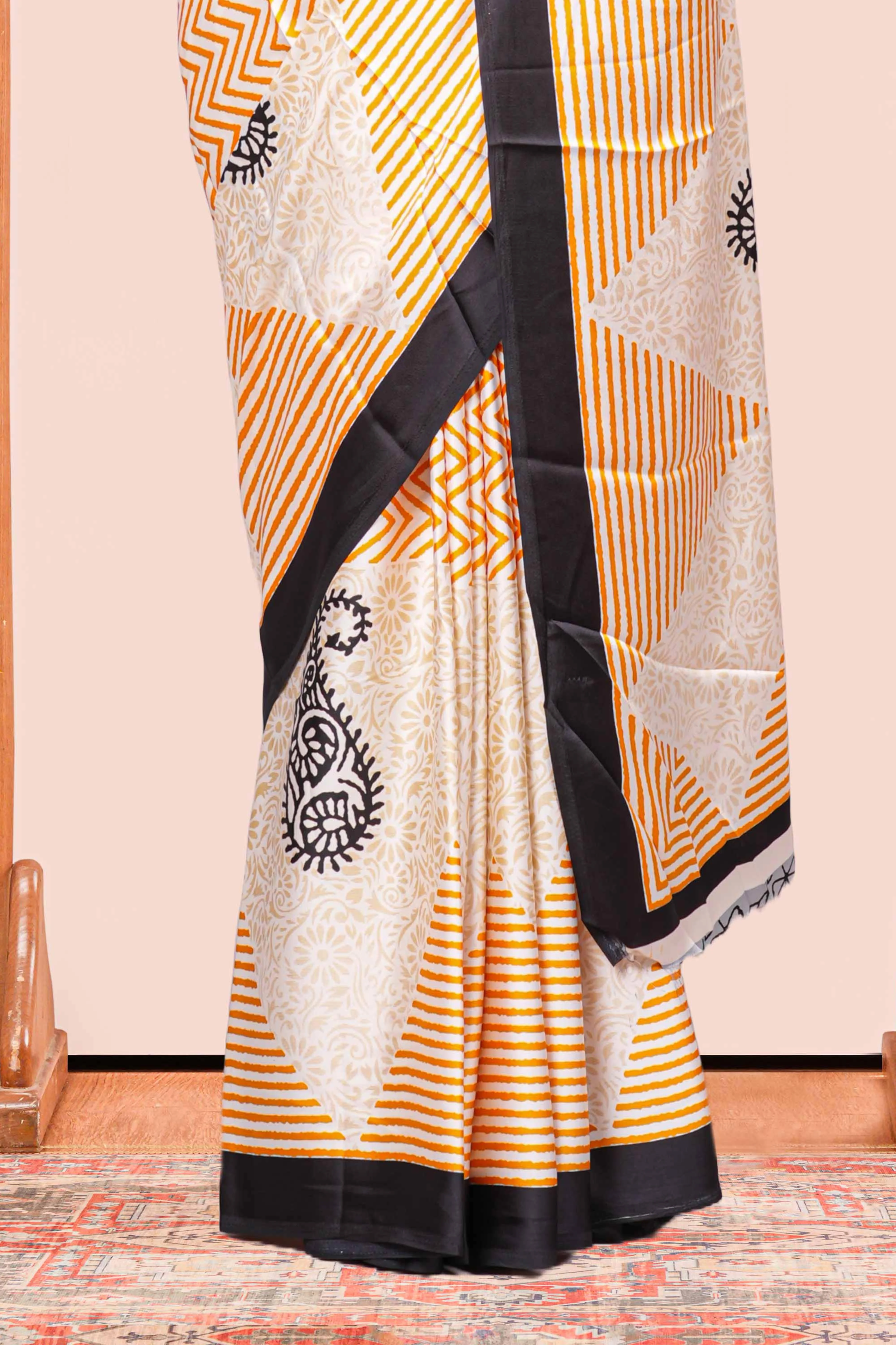 Yellow Modal Silk Saree Lightweight ,Flowy. Chevron Design Contrast Border - Image 4