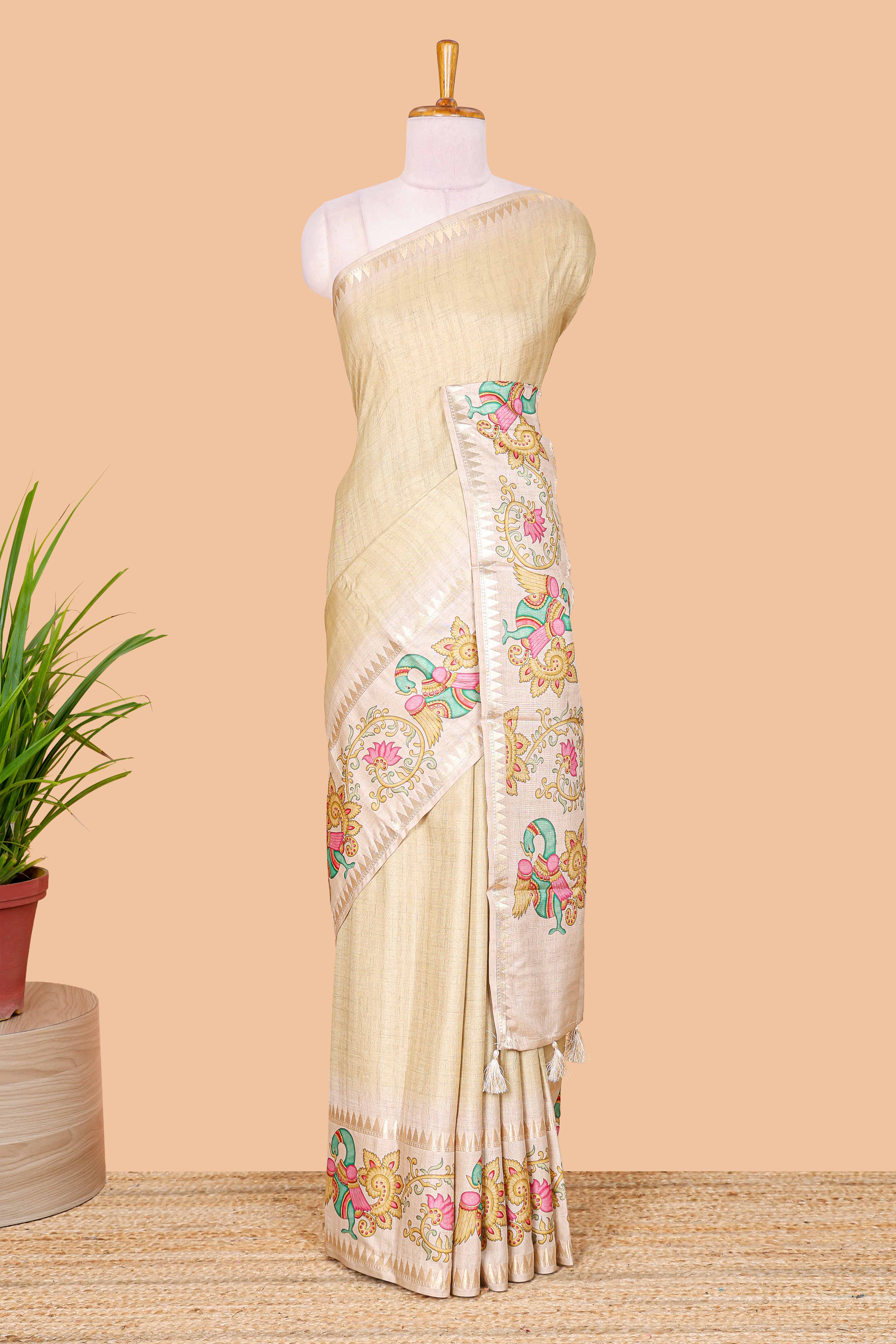 Yellow plain art tussar silk saree with contrast peacock and lotus theme border and printed pallu - Image 2