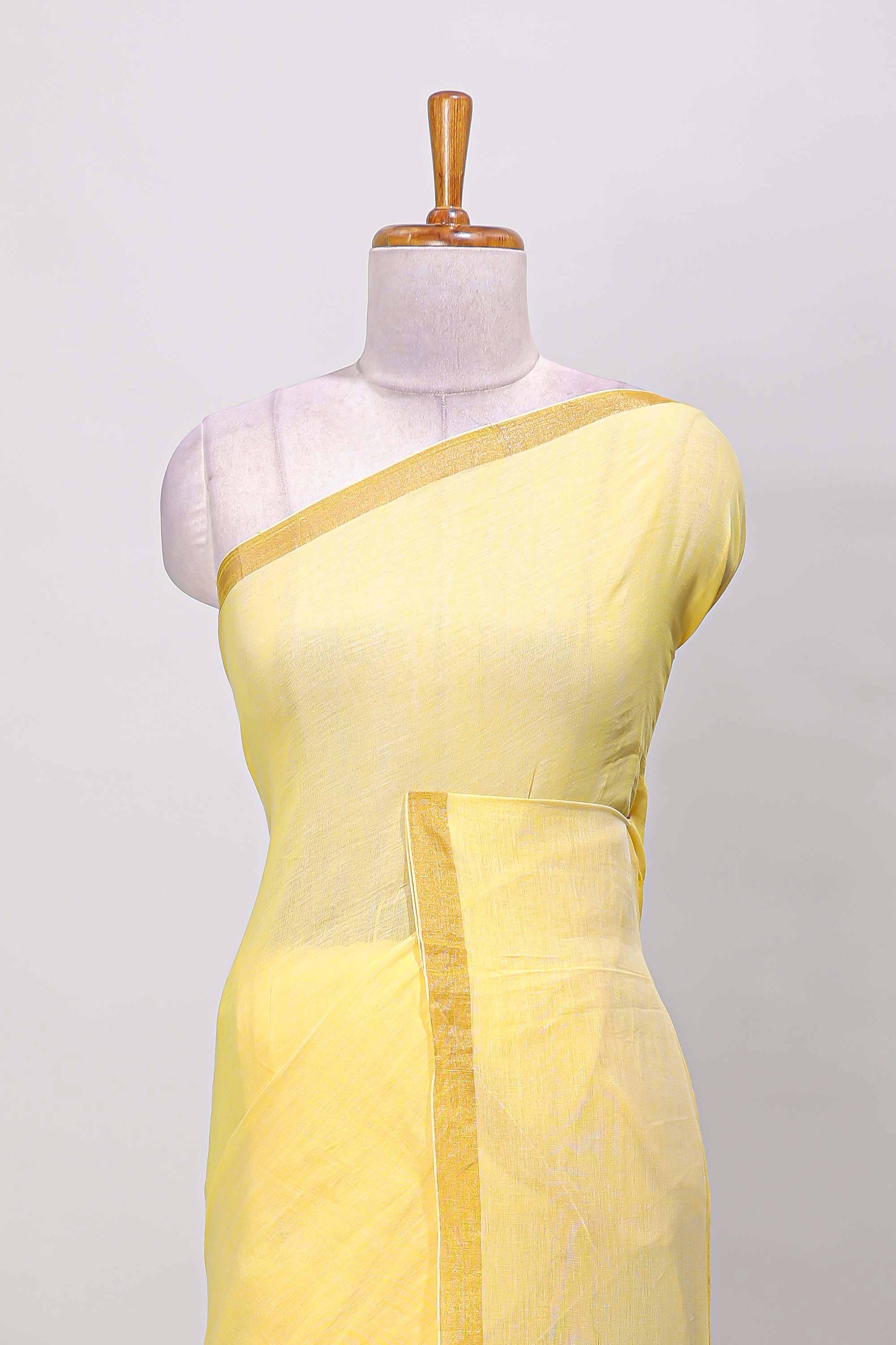 Yellow plain south cotton saree with zari border and pallu - Image 3