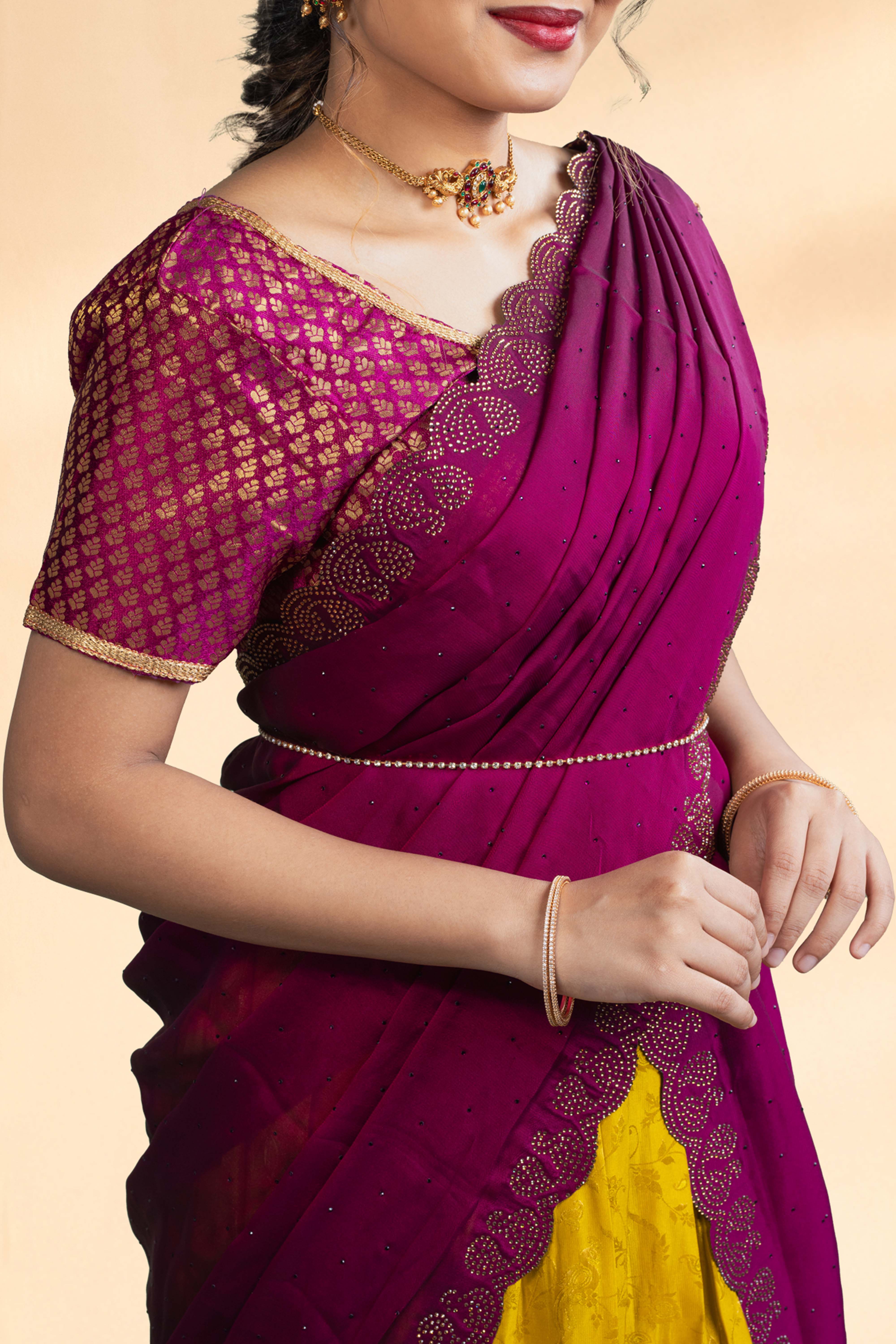 Yellow Softy Half Saree Material All-Over Gold Zari Floral Design With Swarovski Stone Contrast Border - Image 3