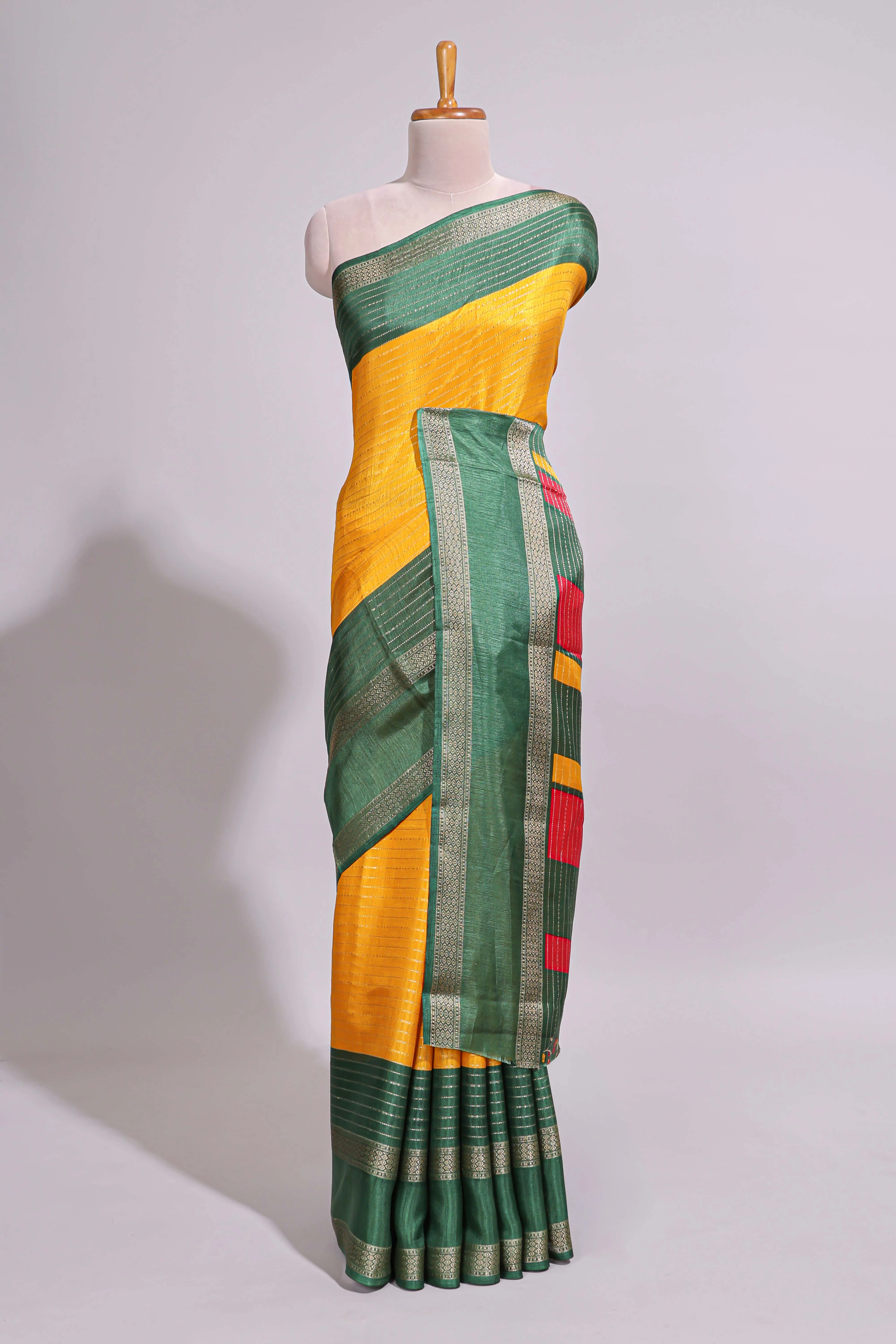 Yellow zari striped dola silk saree with contrast border and floral printed blouse - Image 2