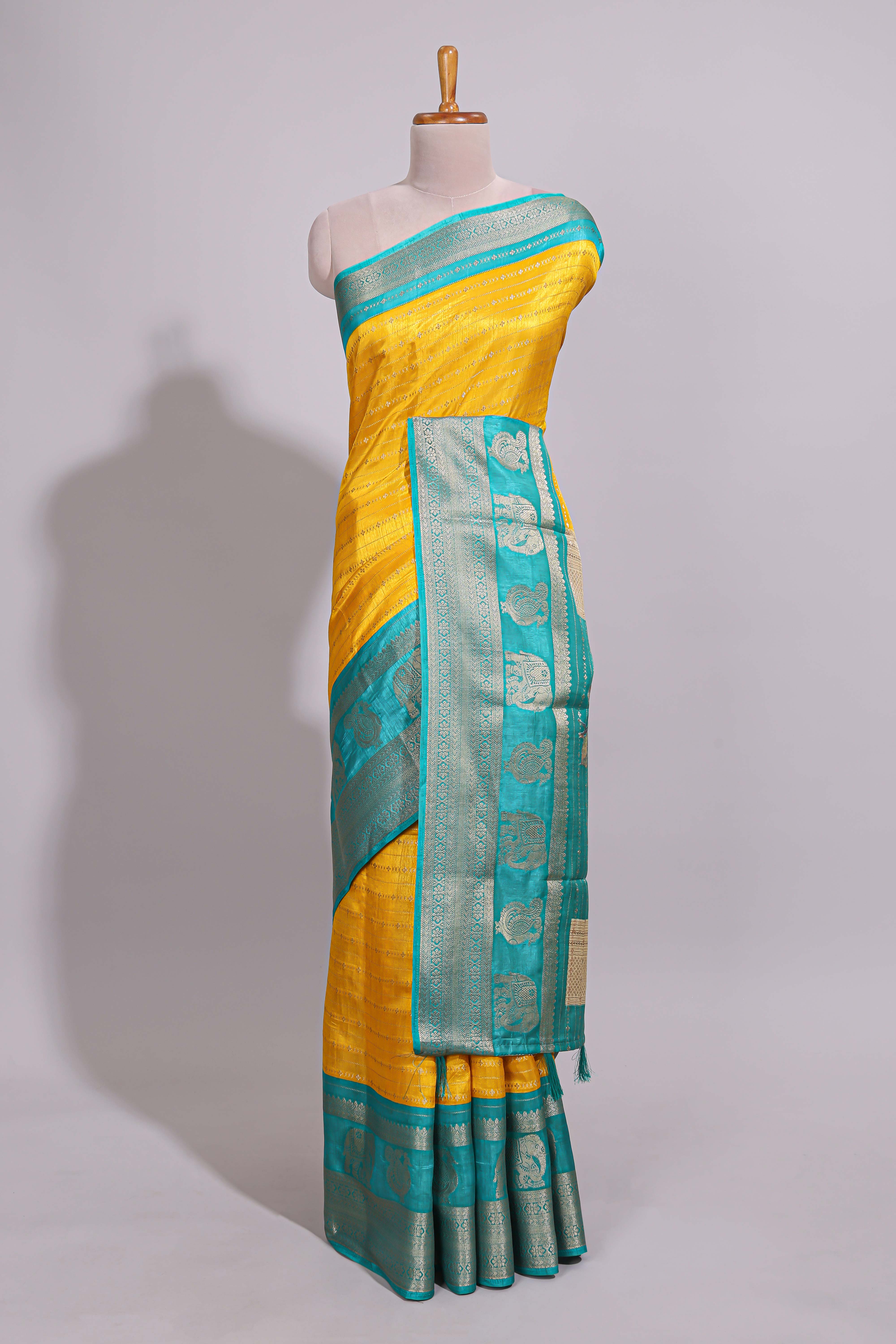 Yellow zari striped dola silk saree with contrast zari border and floral printed pallu - Image 2