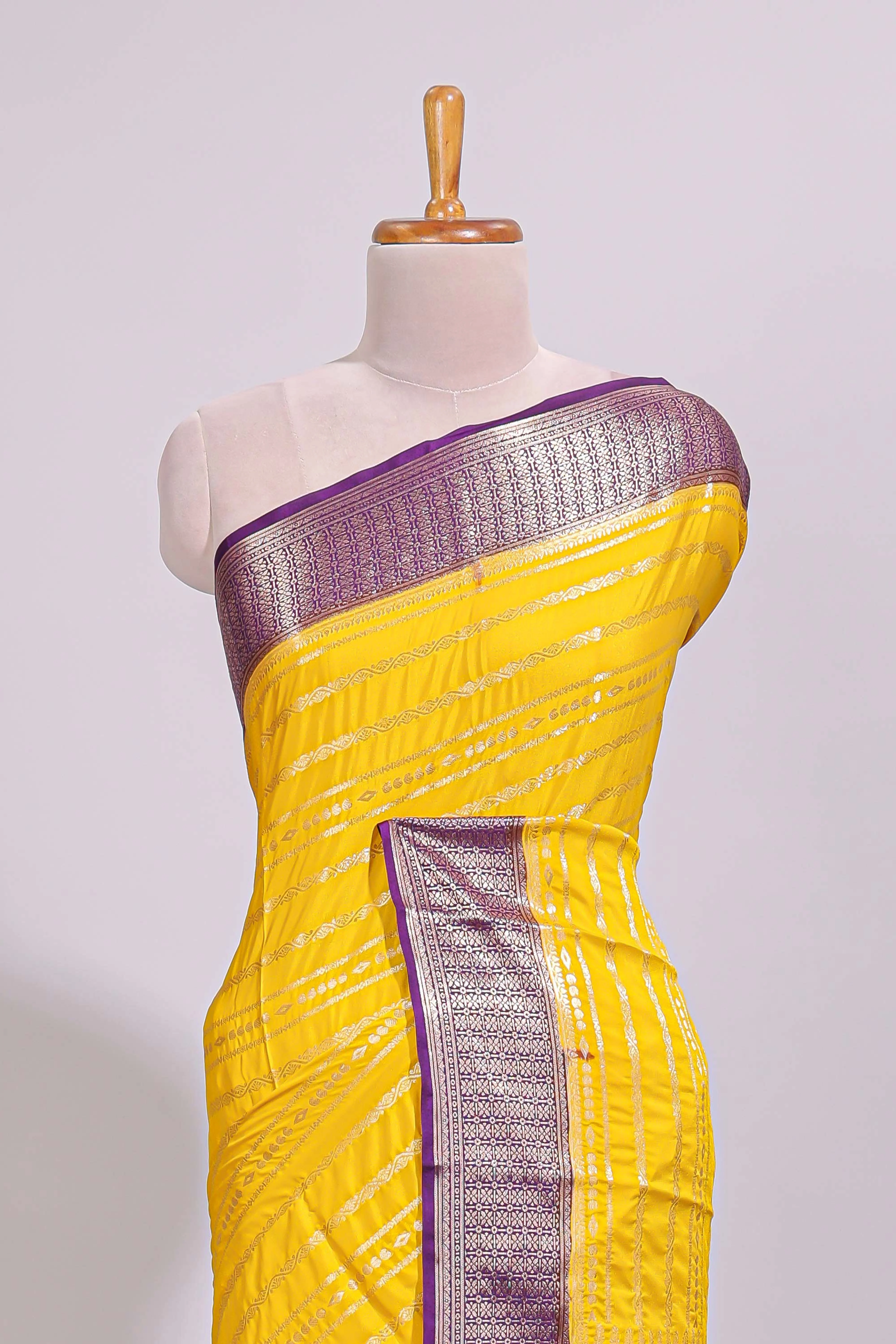 Yellow zari striped dola silk saree with contrast zari border and striped pallu - Image 3